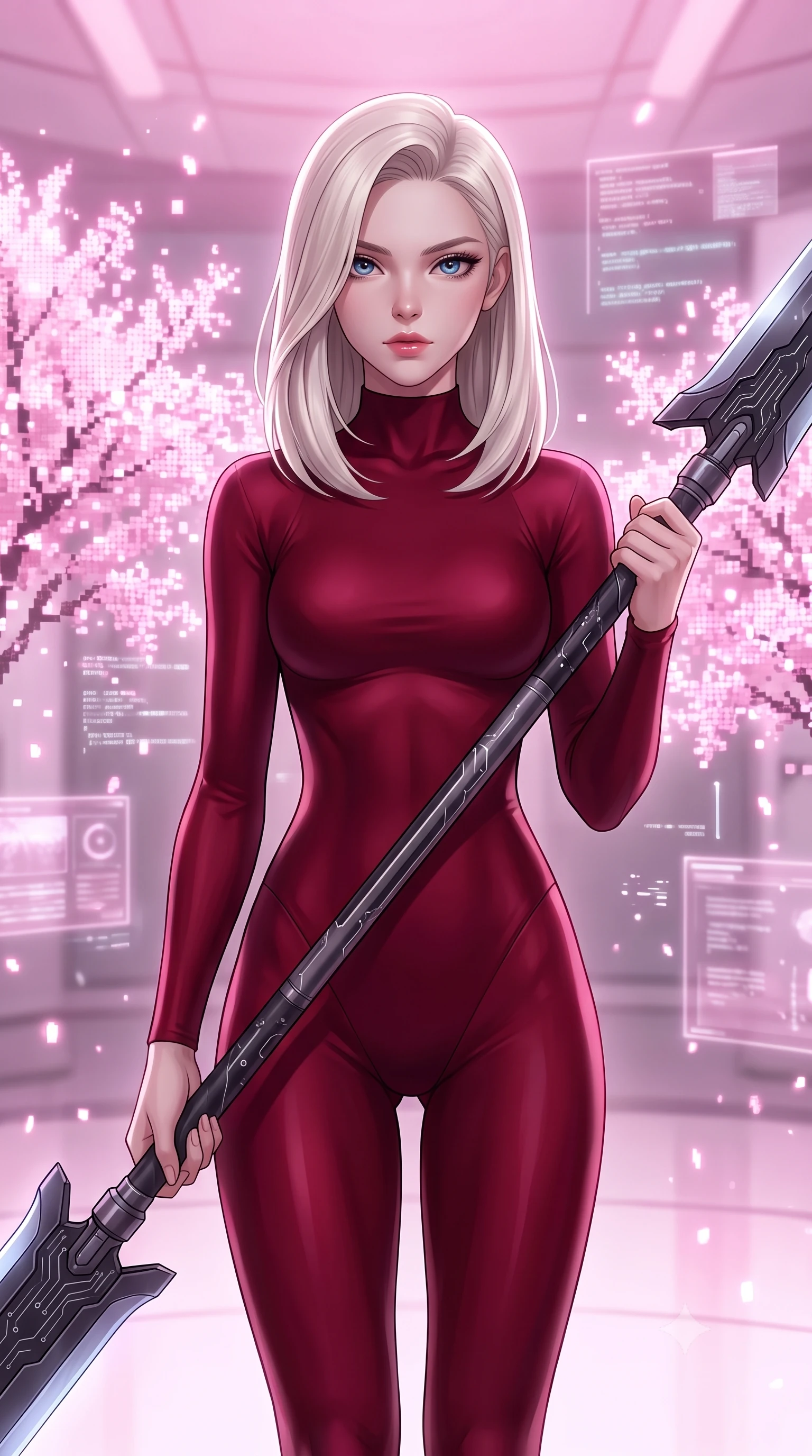 score_9, masterpiece, best quality, ultra-detailed, high-budget anime keyframe, editorial fashion photography, tasteful artistic composition, Caucasian woman. close-up cowboy shot from the waist and thighs up, the character dominates the composition, filling the frame with her large presence, background elements kept in soft focus. holding a deactivated nanotech glaive, looking past the camera with quiet, sharp focus and a composed expression, the background shows a soft-focus a holographic arena with virtual cherry blossom trees made of glowing pink pixels. She has an exceptionally elegant, slender, and willowy female figure with an ultra-slim waist, a gracefully sculpted slender torso, and a refined silhouette. sharp v-shaped jawline, high-bridge nose, intricate jewel-like eyes with depth, thick eyelashes, glossy lips with a natural sheen. wearing a form-contouring form-contouring high-neck bodycon suit in deep crimson, contouring her athletic build like a second skin. soft pink digital light diffusing through the room, creating a dreamy wash. highly saturated vibrant anime colors, detailed shading with soft gradients, rich glossy textures, high-contrast stereoscopic depth, volumetric dynamic lighting, master piece, 9:16 ratio