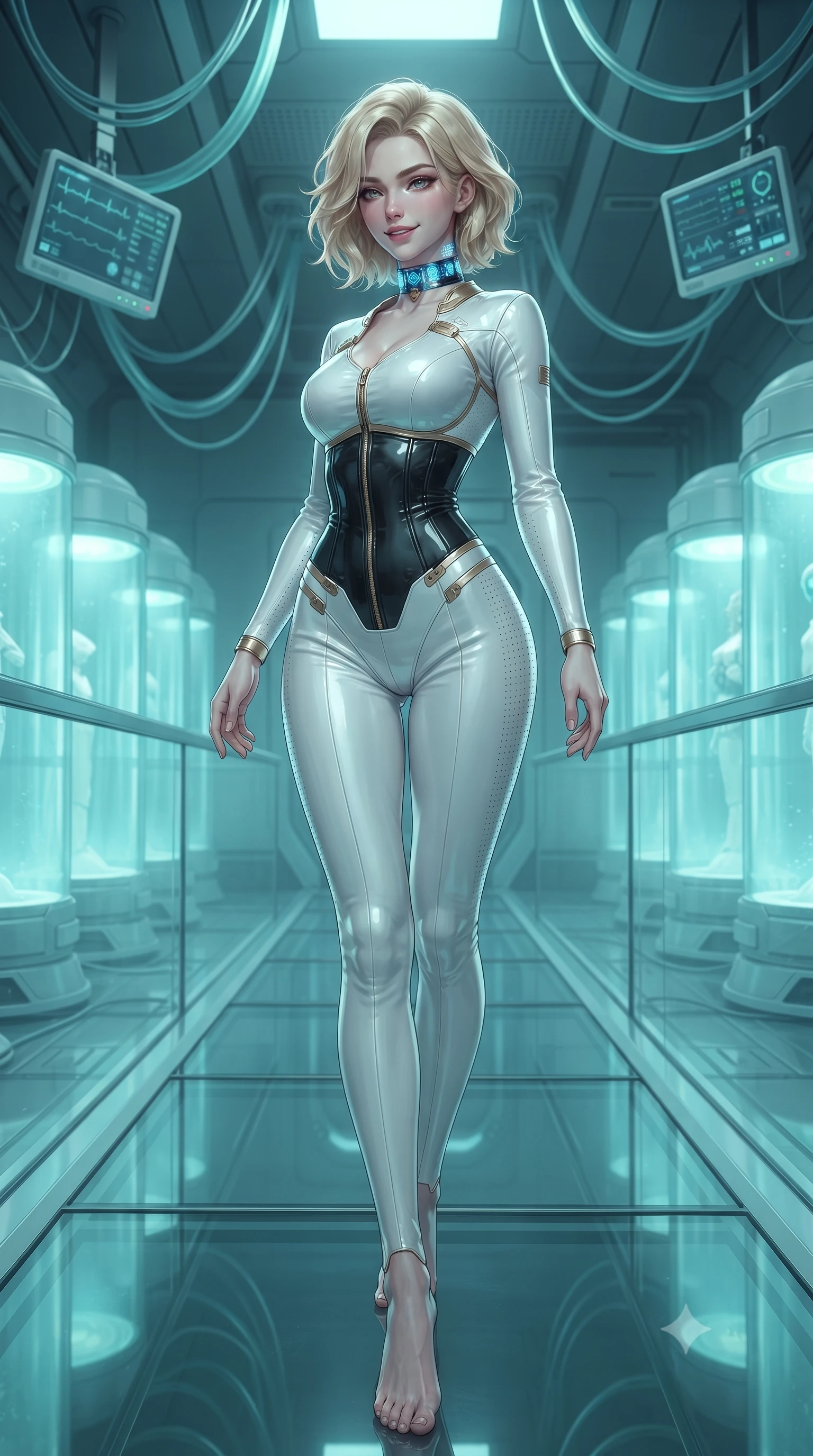 score_9, masterpiece, best quality, ultra-detailed, high-budget anime keyframe, editorial fashion photography, tasteful artistic composition, Caucasian woman. low angle full-body shot from head to toe showing her feet, filling the entire 9:16 vertical frame with her statuesque presence, stretching her vertical silhouette. walking slowly along the transparent glass skybridge, looking back over her shoulder with an air of effortless grace and an alluring, smoldering smile while standing poised between rows of glowing vertical cryo-capsules, arching her back with ice-cold, sovereign elegance. The background shows a soft-focus overhead cryogenic coolant lines and digital vital signs monitors softened in eerie sci-fi medical shallow focus. She has an absolutely perfect, statuesque 8.5-heads proportion, an exceptionally tall and slender model-like female figure with impossibly long slender legs, an ultra-slim waist, a flat toned midriff, narrow delicate ribcage, and beautifully sculpted feminine hips creating a graceful, slim hourglass silhouette without any bulky heaviness. sharp v-shaped jawline, high-bridge nose, intricate jewel-like sparkling eyes with depth, thick eyelashes, glossy parted lips with a natural sheen, bright confident smile with an enchanting and coquettish sensual glint, exuding both youthful magnetic charm and sovereign high-tech allure, flawlessly proportioned anatomical accuracy, strict slender model proportions, natural body alignment, perfectly sculpted long slender limbs, ultra-slim waistline, clean dynamic posture without body distortion. wearing a form-fitting white-and-gold zero-gravity EVA jumpsuit with an ultra-slim corseted waist and exposed clavicle line in glossy onyx black and warm champagne gold hardware, made of high-grade ballistic nylon with precision laser-cut perforations, complemented by a high-tech holographic choker projecting miniature glyphs, the high-waisted tailoring accentuating her ultra-slim waistline and the enchanting curve of her feminine hips with alluring dark charm. bathed in soft icy cyan and pale aquamarine glow emitted from stasis pod interiors. ultra-reflective glossy finish, specular highlights, rich textural contrasts, high-contrast stereoscopic depth, volumetric dynamic lighting, 2k, ultra detail, master piece, 9:16 ratio