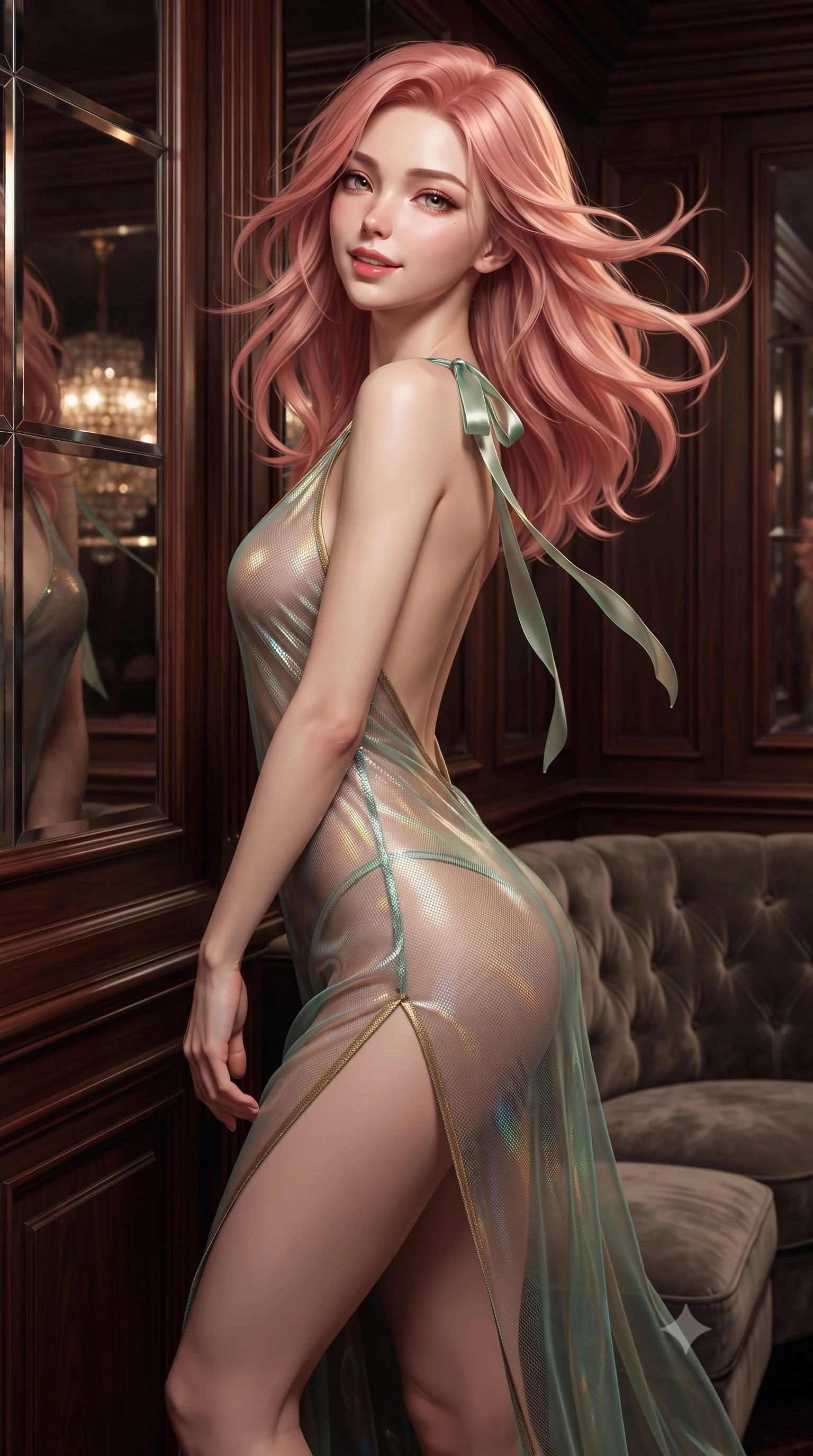 score_9, masterpiece, best quality, ultra-detailed, high-budget anime keyframe, editorial fashion photography, tasteful artistic composition, Japanese woman. close-up cowboy shot from the waist and thighs up, the character dominates the composition, filling the frame with her large presence. turning slowly with an enchanting smoldering smile, her glossy hair tossing in the breeze as her hips angle gracefully in a captivating contrapposto while standing poised beside the floor-to-ceiling smoked mirror wall, arching her back with sultry high-fashion confidence as river lights shimmer. The surrounding environment is rendered in vivid detail and crisp panoramic clarity: sharp bevelled smoked glass mirror seams, carved mahogany wood panelling grain, and plush velvet button-tufting in deep focus. She has an exceptionally elegant, slender, and willowy female figure with an ultra-slim waist, flat toned midriff, narrow ribcage, and sculpted feminine hips creating an alluring, slim hourglass silhouette without bulk. sharp v-shaped jawline, high-bridge nose, intricate jewel-like sparkling eyes with depth, thick eyelashes, glossy parted lips with a natural peach sheen, bright cheerful beaming smile with an enchanting and coquettish sensual glint, exuding both youthful cute charm and seductive allure, flawlessly proportioned anatomical accuracy, strict slender model proportions, natural body alignment, perfectly sculpted long slender limbs, ultra-slim waistline, clean dynamic posture without body distortion. wearing an alluring backless sheer holographic mesh slip dress with high thigh slit clinging smoothly to her dewy skin in French Concession jade green and gilded bronze, made of sheer gossamer chiffon that drapes softly against skin with airy translucence, finished with satin ribbon ties at the shoulders fluttering in the gentle breeze, the high-slit wrap tailoring accentuating her ultra-slim waistline and the enchanting curve of her feminine hips with alluring seductive charm. illuminated by polished mahogany reflection fill and sharp copper-gold rim lights defining her razor-sharp jawline, narrow waist, and curvy hips. ultra-reflective glossy finish, specular highlights, rich textural contrasts, high-contrast stereoscopic depth, volumetric dynamic lighting, 2k, ultra detail, master piece, 9:16 ratio