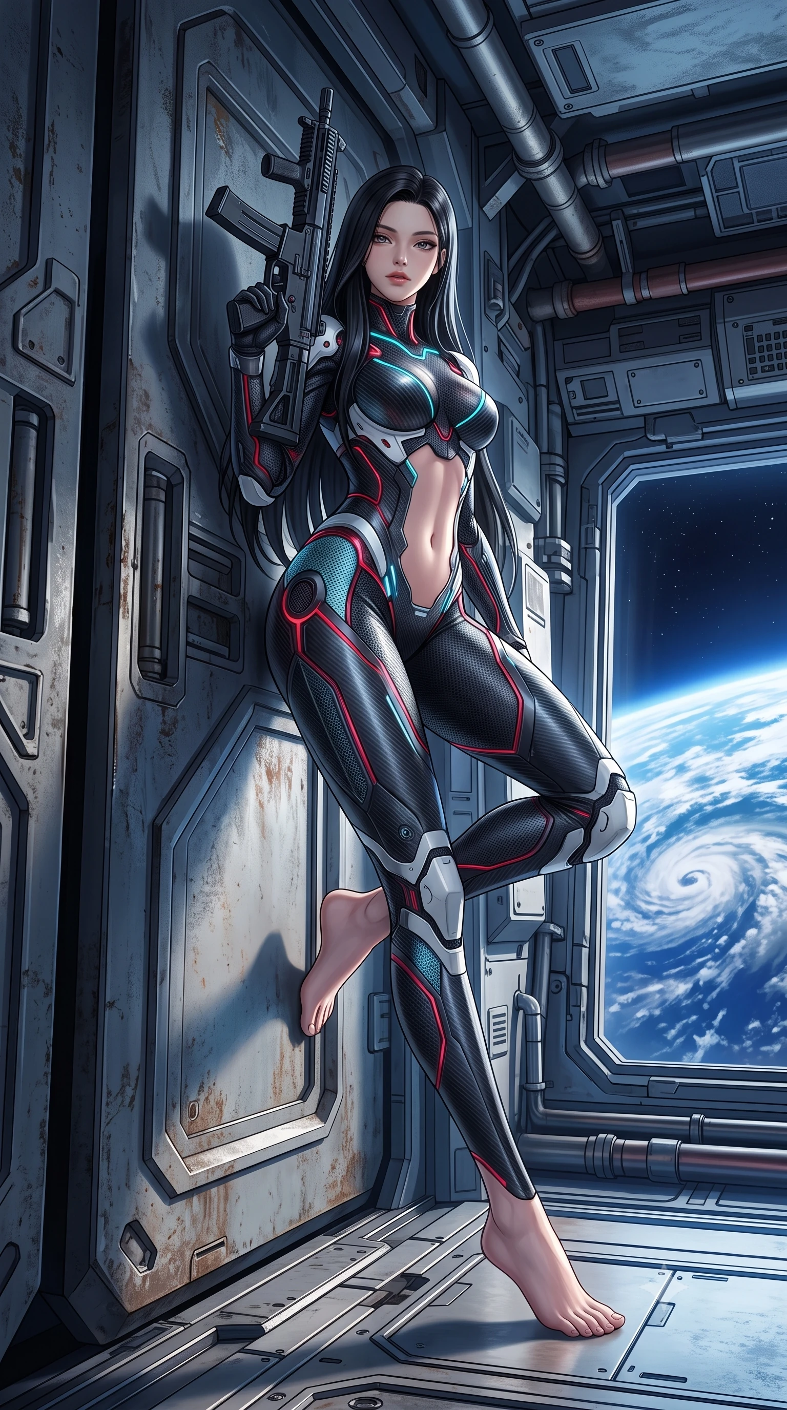 score_9, masterpiece, best quality, ultra-detailed, high-budget anime keyframe, semi-realistic 3D game render, editorial fashion photography, tasteful artistic composition, Korean woman. low angle full-body shot from head to toe showing her feet, filling the entire 9:16 vertical frame with her statuesque presence, stretching her vertical silhouette. pivoting dynamically in mid-motion with a breathtakingly alluring posture, displaying her flawless model proportions, toned flat midriff, and ultra-slim waist while leaning against a heavy titanium blast door with her slender railgun rested against her shoulder with divine confidence. The surrounding environment is rendered in vivid detail and crisp panoramic clarity. detailed magnetic boot clamp seams, Earth's atmospheric cloud patterns, and titanium gantry in high clarity. She has an absolutely perfect, statuesque 8.5-heads proportion, an exceptionally tall and slender model-like female figure with impossibly long slender legs, a toned flat midriff, and an ultra-slim waist. sharp v-shaped jawline, high-bridge nose, intricate jewel-like eyes with depth, thick eyelashes, glossy lips with a natural sheen, flawlessly proportioned anatomical accuracy, strict slender model proportions, natural body alignment, perfectly sculpted long slender limbs, ultra-slim waistline, clean dynamic posture without body distortion. wearing a second-skin dark gunmetal carbon-weave battle-suit with crimson laser conduits, brandishing a sleek high-tech composite submachine weapon with effortless allure in glacial ice-cyan carbon mesh with pure white armor plates, crafted from ultra-strong woven carbon-fiber composite with a satin luster, accented with glowing fiber-optic conduits tracing her collarbones and hip curves, the sleek second-skin cut tightly hugging her graceful clavicle, narrow waist, and feminine curves with athletic precision. bathed in dazzling natural orbital sunlight and rich blue planetary ambient bounce light. rich saturated anime colors with glowing neon highlights, detailed shading with soft gradients, rich glossy textures, high-contrast stereoscopic depth, volumetric dynamic lighting, master piece, 9:16 ratio