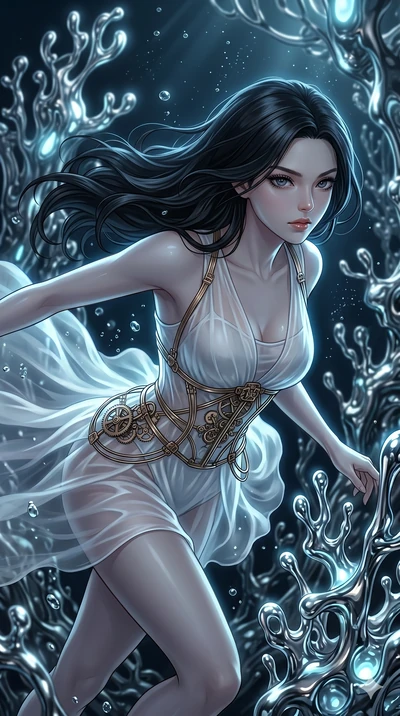 score_9, masterpiece, best quality, ultra-detailed, high-budget anime keyframe, Korean woman. upper body close-up from the thighs up, character filling the screen for maximum presence. diving through a bionic fluid mercury reef where self-replicating