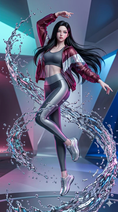 score_9, masterpiece, best quality, ultra-detailed, photorealistic 8k CG, hyper-detailed textures, ray-tracing, Korean woman. Mid-air action shot capturing a graceful twist and vertical silhouette. spinning in a fountain of liquid silver, droplets su