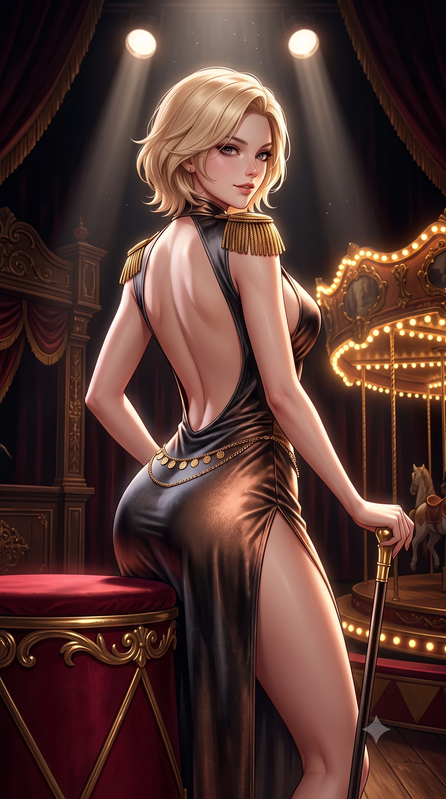 score_9, masterpiece, best quality, ultra-detailed, high-budget anime keyframe, semi-realistic 3D game render, editorial fashion photography, tasteful artistic composition, Caucasian woman. close-up cowboy shot from the waist and thighs up, the character dominates the composition, filling the frame with her large presence. turning over a bare shoulder with an intoxicating, teasing smile, her soft hair framing her sharp jawline as her hips angle gracefully while leaning against a crimson circus ringmaster podium with hips cocked back, holding a gold-tipped cane while locking smoldering eyes with the lens. The surrounding environment is rendered in vivid detail and crisp panoramic clarity. intense theatrical chiaroscuro and decadent dark carnival aesthetics rendered with precision. She has an exceptionally elegant, slender, and willowy female figure with an ultra-slim waist, a gracefully sculpted slender torso, toned flat midriff, and rounded feminine hips creating an alluring hourglass silhouette. sharp v-shaped jawline, high-bridge nose, intricate jewel-like eyes with depth, thick eyelashes, glossy parted lips with a natural sheen, intensely captivating and seductive bedroom-eyes expression, flawlessly proportioned anatomical accuracy, strict slender model proportions, natural body alignment, perfectly sculpted long slender limbs, ultra-slim waistline, clean dynamic posture without body distortion. wearing a backless silk velvet cocktail dress featuring an ultra-high side slit and gold epaulets in dark smoky charcoal and metallic copper, made of flexible compression spandex sculpting her athletic hourglass lines, accented with a delicate gold coin waist chain framing her feminine hip curve, the precision-cut side openings and low-back scoop framing her graceful spine and the sensual sweep of her hips. bathed in dramatic overhead circular spotlight beams and warm golden carousel perimeter glow. highly saturated vibrant anime colors, detailed shading with soft gradients, rich glossy textures, high-contrast stereoscopic depth, volumetric dynamic lighting, master piece, 9:16 ratio