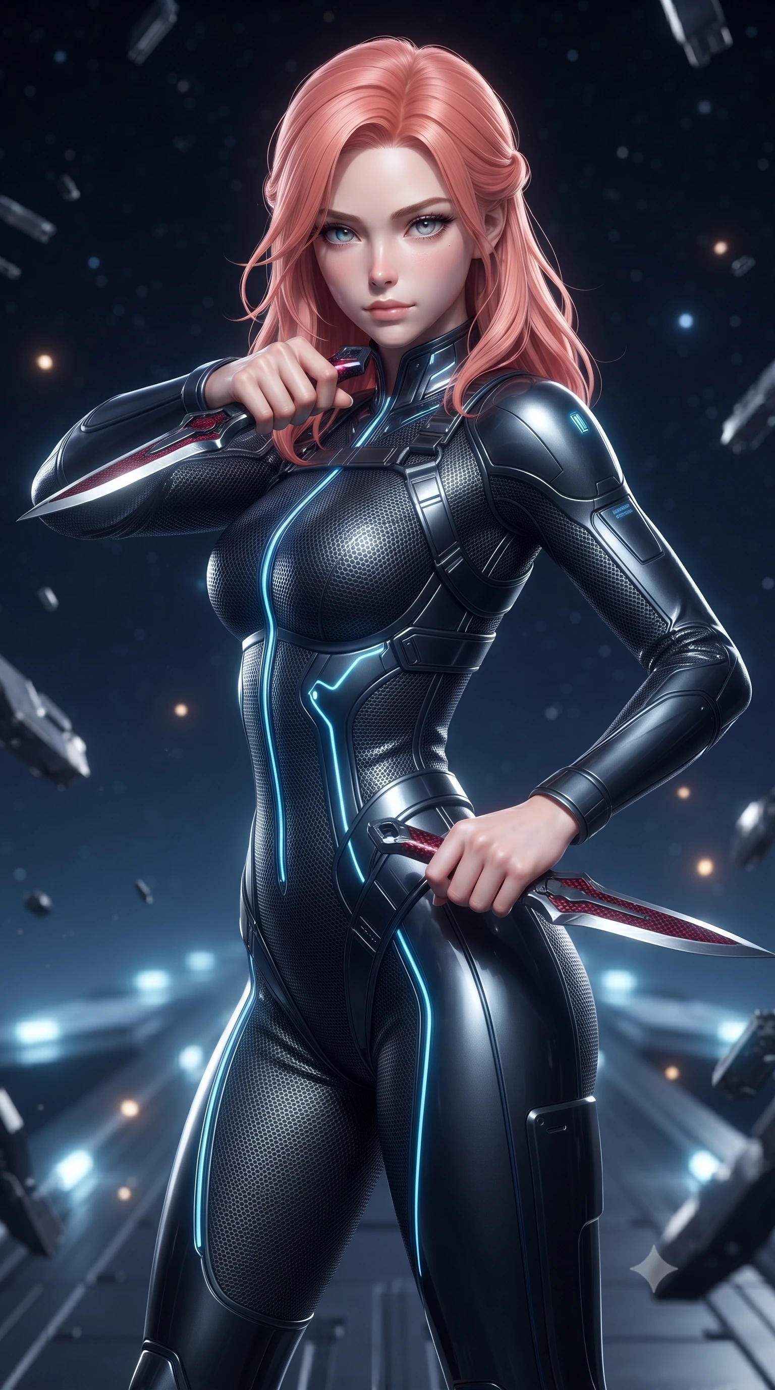 score_9, masterpiece, best quality, ultra-detailed, high-budget anime keyframe, editorial fashion photography, tasteful artistic composition, Japanese woman. close-up cowboy shot from the waist and thighs up, the character dominates the composition, filling the frame with her large presence. twisting her upper body in a dynamic S-curve combat stance, one hand steadying her weapon with commanding supermodel allure while pivoting dynamically on a magnetic catwalk as floating zero-gravity metal debris and starlight frame her statuesque silhouette. The composition keeps background elements in soft focus with creamy bokeh. distant starlight and railgun charging LED coils scattering soft glowing light motes across a deep space backdrop. She has an exceptionally elegant, slender, and willowy female figure with an ultra-slim waist, a gracefully sculpted slender torso, toned flat midriff, and a refined slim silhouette. sharp v-shaped jawline, high-bridge nose, intricate jewel-like eyes with depth, thick eyelashes, glossy lips with a natural sheen, flawlessly proportioned anatomical accuracy, strict slender model proportions, natural body alignment, perfectly sculpted long slender limbs, ultra-slim waistline, clean dynamic posture without body distortion. wearing an aerodynamic dark titanium carbon-mesh jumper with glowing blue fiber lines, holding twin chrome vibro-daggers with deadly supermodel poise in deep crimson carbon weave with specular dark chrome accents, crafted from semi-translucent cybernetic carbon-vinyl interwoven with glowing micro-filaments, reinforced by a sleek titanium tactical harness and glowing micro-energy straps, the liquid-tight tailored fabric emphasizing every curve of her tall, slender model proportions and sculptured silhouette during dynamic movement. surrounded by an awe-inspiring, calm, and radiantly deadly orbital sharpshooter goddess aura. ultra-reflective glossy finish, specular highlights, dark metallic sheen, high-contrast stereoscopic depth, volumetric dynamic lighting, 2k, ultra detail, master piece, 9:16 ratio