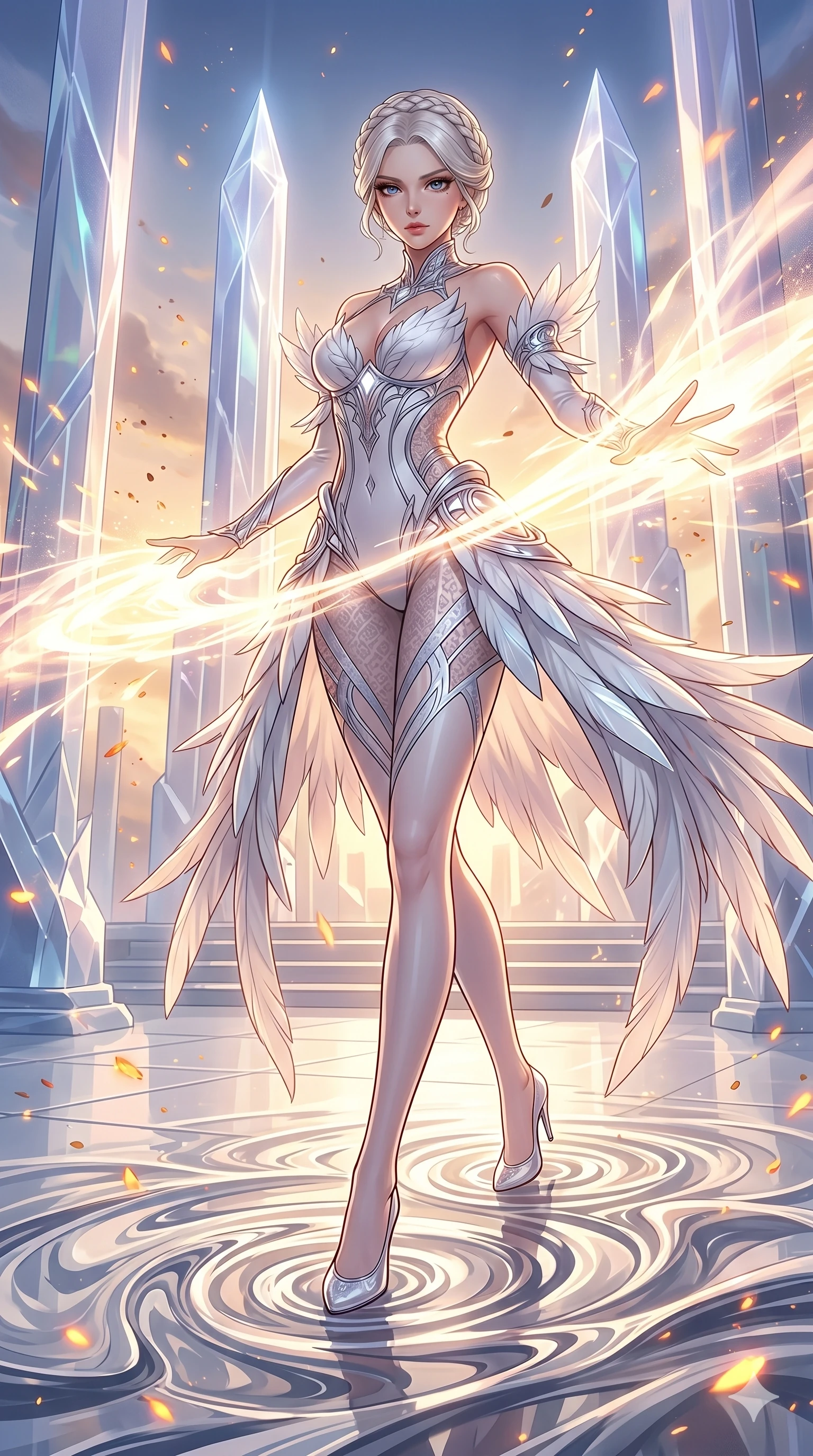 score_9, masterpiece, best quality, ultra-detailed, Set A: High-budget Anime Keyframe, Japanese woman. Low angle cowboy shot filling the entire 9:16 frame with her statuesque presence. Theme: Ethereal Dream. unleashing a massive energy wave in a temple made of solid light, as she steps on ripples of time that distort the space 191. The atmosphere is filled with golden hour with floating embers. She has an absolutely perfect 8-heads proportion, an exceptionally tall and slender female figure with impossibly long slender legs and an ultra-slim waist. Sharp v-shaped jawline, high-bridge nose, intricate jewel-like eyes with depth, glossy lips. Wearing Elegant swan-inspired tech-outfit with white feathers and glowing silver accents. Cinematic lighting, vivid colors, dramatic shadows, 2k, ultra detail, master piece, 9:16 ratio