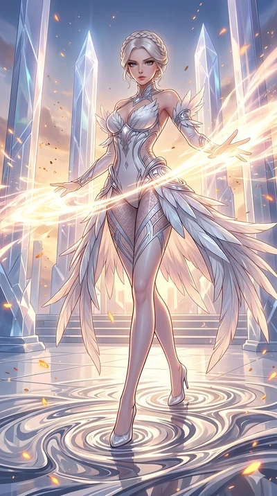 score_9, masterpiece, best quality, ultra-detailed, Set A: High-budget Anime Keyframe, Japanese woman. Low angle cowboy shot filling the entire 9:16 frame with her statuesque presence. Theme: Ethereal Dream. unleashing a massive energy wave in a temp