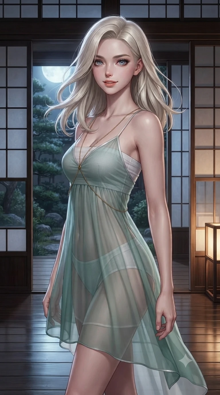 score_9, masterpiece, best quality, ultra-detailed, high-budget anime keyframe, editorial fashion photography, tasteful artistic composition, Caucasian woman. close-up cowboy shot from the waist and thighs up, the character dominates the composition, filling the frame with her large presence. turning slowly with an enchanting smoldering smile, her glossy hair tossing in the breeze as her hips angle gracefully in a captivating contrapposto while standing framed within the open sliding screen portal, arching her spine with sovereign siren grace as garden breezes caress her skin. The surrounding environment is rendered in vivid detail and crisp panoramic clarity: sharp wood joinery seams on sliding screen frames, rice-paper texture, and polished timber floorboard gloss in deep focus. She has an exceptionally elegant, slender, and willowy female figure with an ultra-slim waist, flat toned midriff, narrow ribcage, and sculpted feminine hips creating an alluring, slim hourglass silhouette without bulk. sharp v-shaped jawline, high-bridge nose, sparkling eyes with hypnotic seductive depth, thick curled eyelashes, glossy parted lips with a natural dewy peach sheen, alluring bedroom-eyes with an enchanting coquettish smile, exuding magnetic siren charisma and sophisticated glamour, flawlessly proportioned anatomical accuracy, strict slender model proportions, natural body alignment, perfectly sculpted long slender limbs, ultra-slim waistline, clean dynamic posture without body distortion. wearing a delicately layered semi-sheer gossamer nobang hanbok slip dress revealing her sculpted silhouette over an opaque micro-bandeau and briefs in moonlit jade green and pure alabaster white with silver accents, tailored from fine ribbed modal knit with gentle elastic contouring and soft hand-feel, accented with a gold body chain harness subtly framing her dewy collarbones and spine, the bespoke structured tailoring following the natural line of her 8.5-heads silhouette with refined elegance. bathed in dual lighting: cool silver moonlight from the exterior garden contrasting with warm 2700K lantern glow from within. ultra-reflective glossy finish, specular highlights, rich textural contrasts, high-contrast stereoscopic depth, volumetric dynamic lighting, 2k, ultra detail, master piece, 9:16 ratio