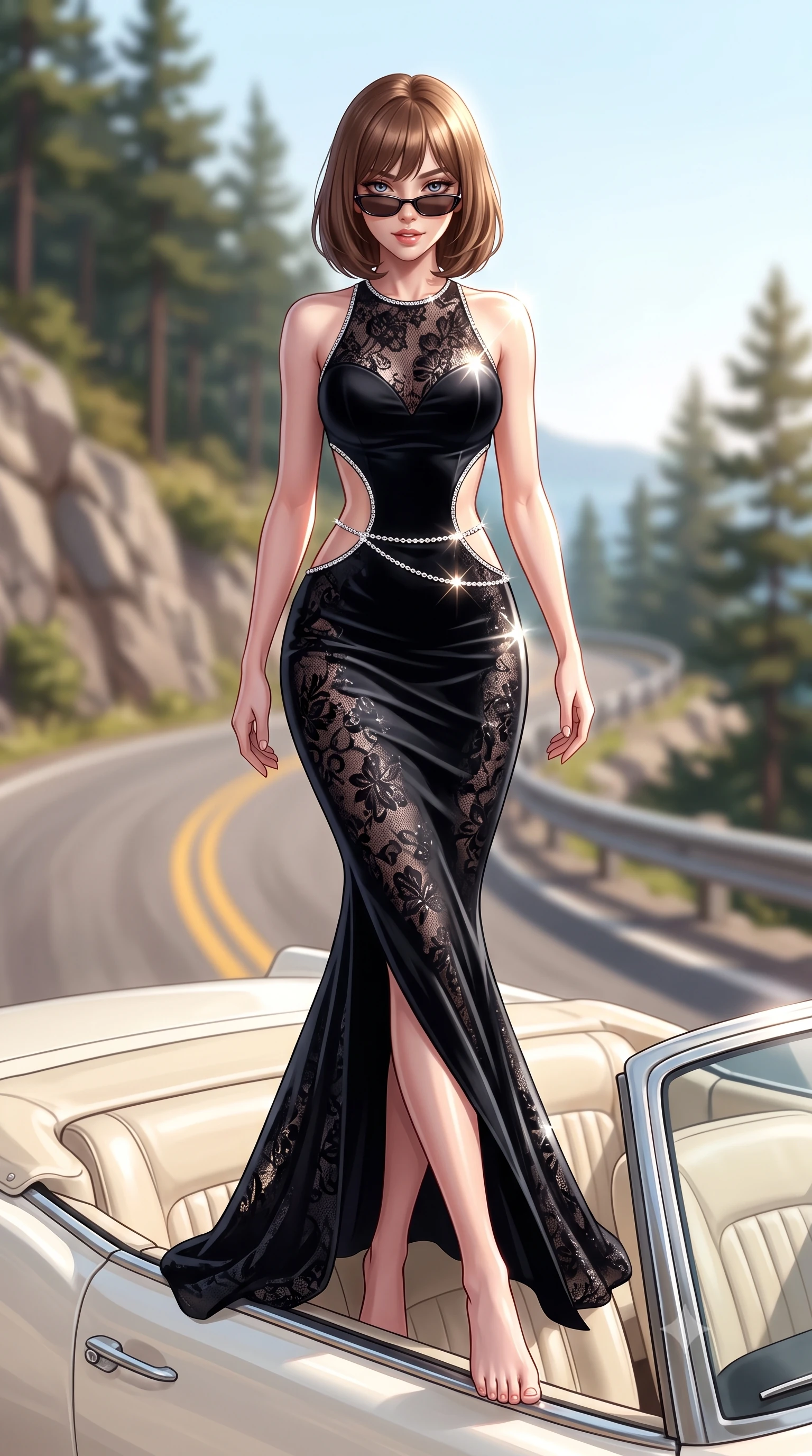 score_9, masterpiece, best quality, ultra-detailed, high-budget anime keyframe, semi-realistic 3D game render, editorial fashion photography, tasteful artistic composition, Caucasian woman. low angle full-body shot from head to toe showing her feet, filling the entire 9:16 vertical frame with her statuesque presence, stretching her vertical silhouette. striding forward in a proud supermodel runway stride, hips swaying in an alluring kinetic rhythm that accentuates her curvy hourglass silhouette while perching on the leather seat rim of a vintage cream-white convertible with legs crossed, arching her lower back while lowering designer sunglasses with a flirtatious smile. The composition keeps background elements in soft focus with creamy bokeh. winding cliffside road barriers and coastal pine silhouettes softened in glamorous shallow focus. She has an exceptionally tall and slender model-like 8.5-heads proportion, an ultra-slim waist, a flat toned midriff, narrow delicate ribcage, and beautifully sculpted feminine hips creating a graceful, slim hourglass silhouette without any bulky heaviness, with impossibly long slender legs. sharp v-shaped jawline, high-bridge nose, intricate jewel-like eyes with depth, thick eyelashes, glossy parted lips with a natural sheen, intensely captivating and seductive bedroom-eyes expression, flawlessly proportioned anatomical accuracy, strict slender model proportions, natural body alignment, perfectly sculpted long slender limbs, ultra-slim waistline, clean dynamic posture without body distortion. wearing a sculptured liquid-satin mermaid gown with an architectural open-waist cutout and bare spine in pitch-black velvet with diamond crystal trim, formed from shimmering floral lace over smooth opaque silk lining, accented with a dainty diamond waist chain catching the ambient light reflections, the second-skin form-contouring cut accentuating her sculpted flat midriff, narrow delicate ribcage, and gracefully curvy hips with supermodel precision. illuminated by bright specular sun glints sharply carving her razor-sharp jawline, narrow waist, and curvy hips. highly saturated vibrant anime colors, detailed shading with soft gradients, rich glossy textures, high-contrast stereoscopic depth, volumetric dynamic lighting, master piece, 9:16 ratio