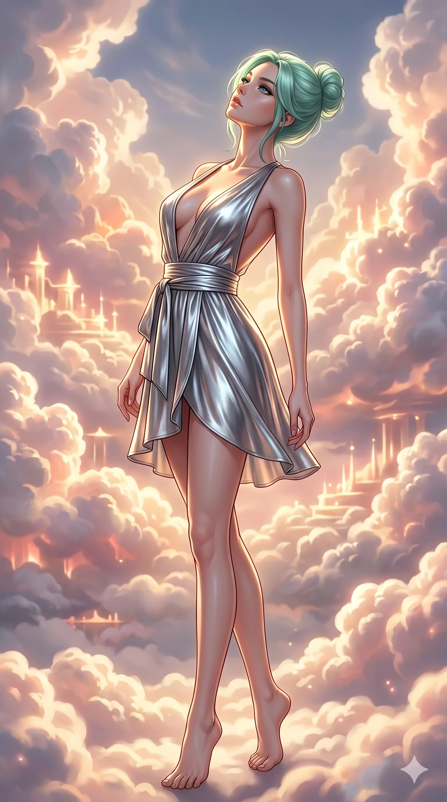 score_9, masterpiece, best quality, ultra-detailed, high-budget anime keyframe, editorial fashion photography, tasteful artistic composition, Japanese woman. low angle full-body shot from head to toe showing her feet, filling the entire 9:16 vertical frame with her statuesque presence, stretching her vertical silhouette. Arching her back in a graceful controlled backward pose inside a luminous cloud palace where cumulus formations glow with amber and rose from within. She has an absolutely perfect 8-heads proportion, an exceptionally tall and slender female figure with impossibly long slender legs and an ultra-slim waist. V-shaped jawline, high-bridge nose, intricate jewel-like eyes with depth, thick eyelashes, glossy lips with a natural sheen. wearing a metallic liquid-silver deep-V wrap dress with a dramatically plunging neckline, a wide cinched-waist tie-belt, and a fluid bias-cut skirt that falls mid-thigh to reveal long elegant legs. lit by dramatic chiaroscuro with a single golden key light carving her facial contours and figure. 2k, ultra detail, master piece, 9:16 ratio