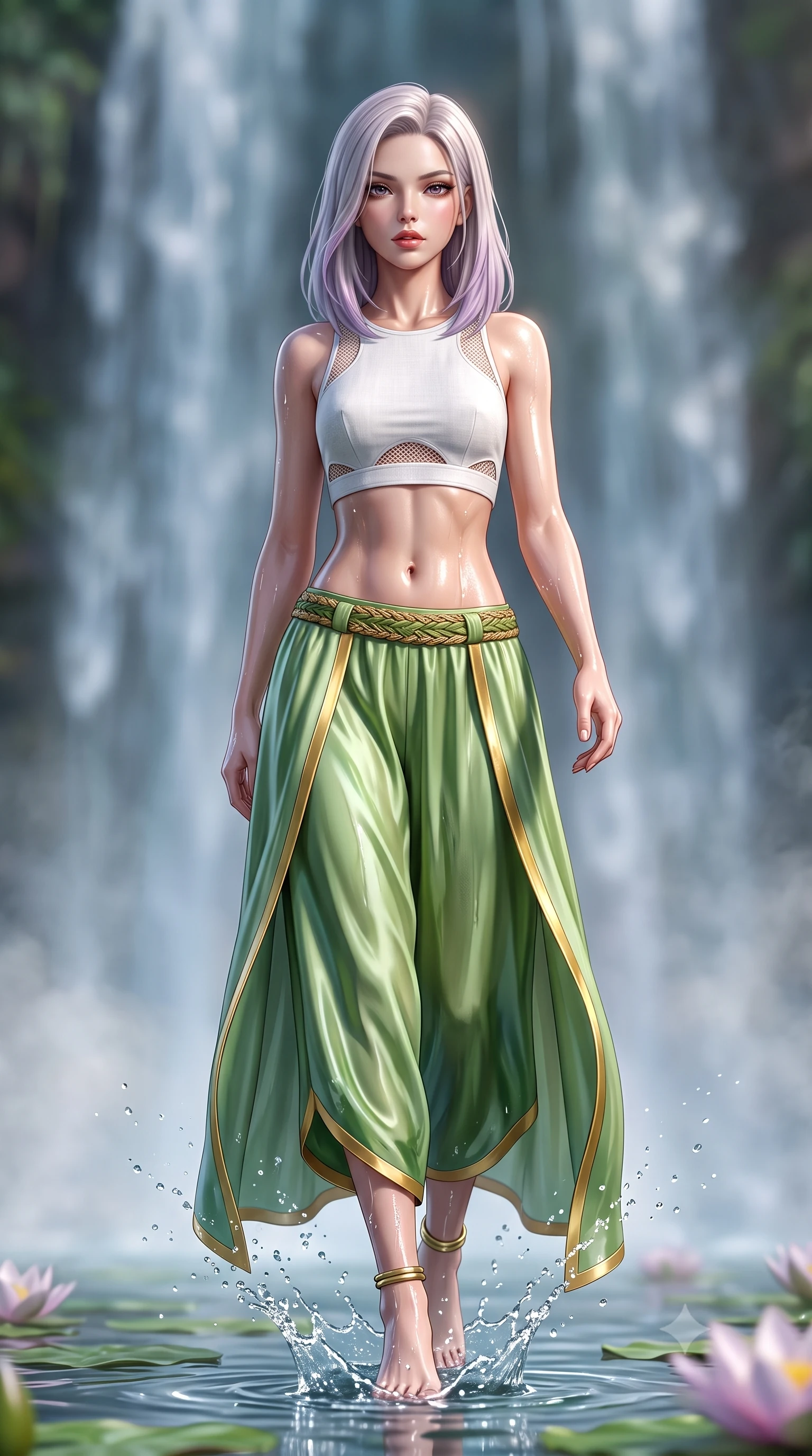 score_9, masterpiece, best quality, ultra-detailed, high-budget anime keyframe, semi-realistic 3D game render, editorial fashion photography, tasteful artistic composition, Caucasian woman. low angle full-body shot from head to toe showing her feet, filling the entire 9:16 vertical frame with her statuesque presence, stretching her vertical silhouette. striding forward in a proud, dynamic supermodel runway stride, hips swaying in an alluring kinetic rhythm that stretches her silhouette while wading lightly into the shallow lotus pool, water splashing around her slender ankles in glittering droplets. The composition keeps background elements in soft focus with creamy bokeh. cascading canopy waterfalls and rising water vapors softened in cinematic atmospheric depth. She has an absolutely perfect, statuesque 8.5-heads proportion, an exceptionally tall and slender model-like female figure with impossibly long slender legs, a toned flat midriff, and an ultra-slim waist. sharp v-shaped jawline, high-bridge nose, intricate jewel-like eyes with depth, thick eyelashes, glossy parted lips with a natural sheen, intensely captivating and seductive expression, flawlessly proportioned anatomical accuracy, strict slender model proportions, natural body alignment, perfectly sculpted long slender limbs, ultra-slim waistline, clean dynamic posture without body distortion. wearing an architectural white linen crop top paired with low-slung flowing silk palazzo pants and a gold ring belt in fresh palm green and liquid gold trim, tailored from lightweight performance eco-mesh with breathable cutouts, accessorized with a woven botanical belt and minimalist gold ankle cuff, the breezy yet form-flattering drape swaying gracefully with her steps, accentuating her long willowy limbs and ultra-slim waistline. illuminated by wet specular highlights accentuating her collarbones, waistline, and slender curves. highly saturated vibrant anime colors, detailed shading with soft gradients, rich glossy textures, high-contrast stereoscopic depth, volumetric dynamic lighting, master piece, 9:16 ratio