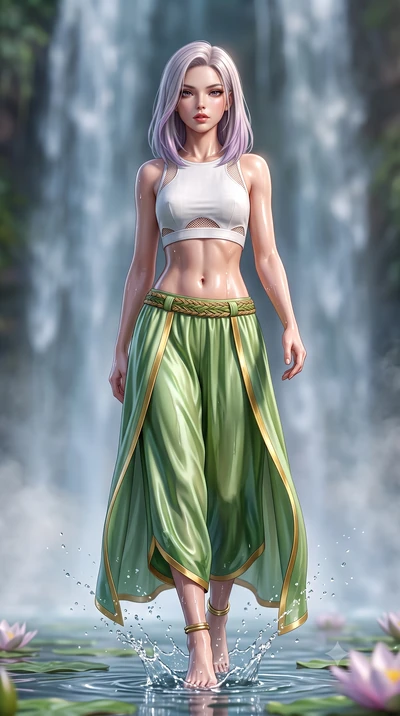score_9, masterpiece, best quality, ultra-detailed, high-budget anime keyframe, semi-realistic 3D game render, editorial fashion photography, tasteful artistic composition, Caucasian woman. low angle full-body shot from head to toe showing her feet, 