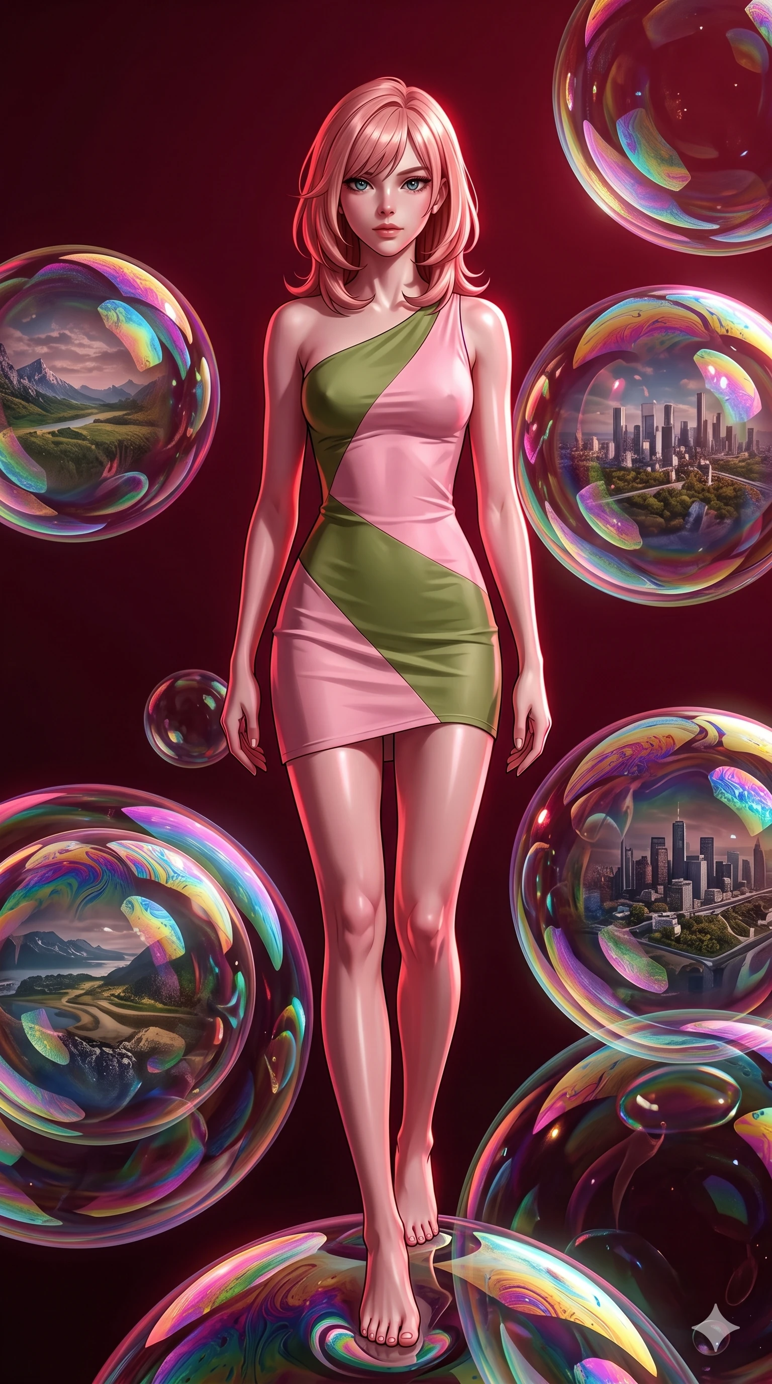 score_9, masterpiece, best quality, ultra-detailed, high-budget anime keyframe, editorial fashion photography, tasteful artistic composition, Japanese woman. low angle full-body shot from head to toe showing her feet, filling the entire 9:16 vertical frame with her statuesque presence, stretching her vertical silhouette. navigating with fluid motion through a dimension filled with enormous iridescent soap bubbles each containing a perfectly detailed miniature world within its shimmering membrane surfaces rippling with rainbow oil-slick patterns. She has a statuesque 8.5-heads proportion, an exceptionally tall, slender and willowy model-like build with impossibly long legs and a highly sculpted ultra-slim waist. sharp v-shaped jawline, high-bridge nose, intricate jewel-like eyes with depth, thick eyelashes, glossy lips with a natural sheen. wearing a sleek asymmetric one-shoulder dress in a color-blocked pattern of pastel pink and olive green, following her slender frame with sharp lines. deep crimson theatrical lighting with sharp specular highlights on every curve. 2k, ultra detail, master piece, 9:16 ratio