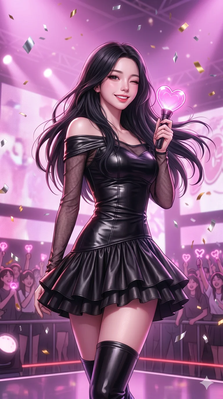 score_9, score_8_up, score_7_up, source_anime, masterpiece, best quality, ultra-detailed, same character with long flowing black hair, wearing the same outfit of black off-the-shoulder dress, upper body shot from thigh up filling the screen, winking towards the camera with a playful smile, holding a glowing heart-shaped lightstick, soft pink and purple stage lighting, 2k, 9:16 ratio