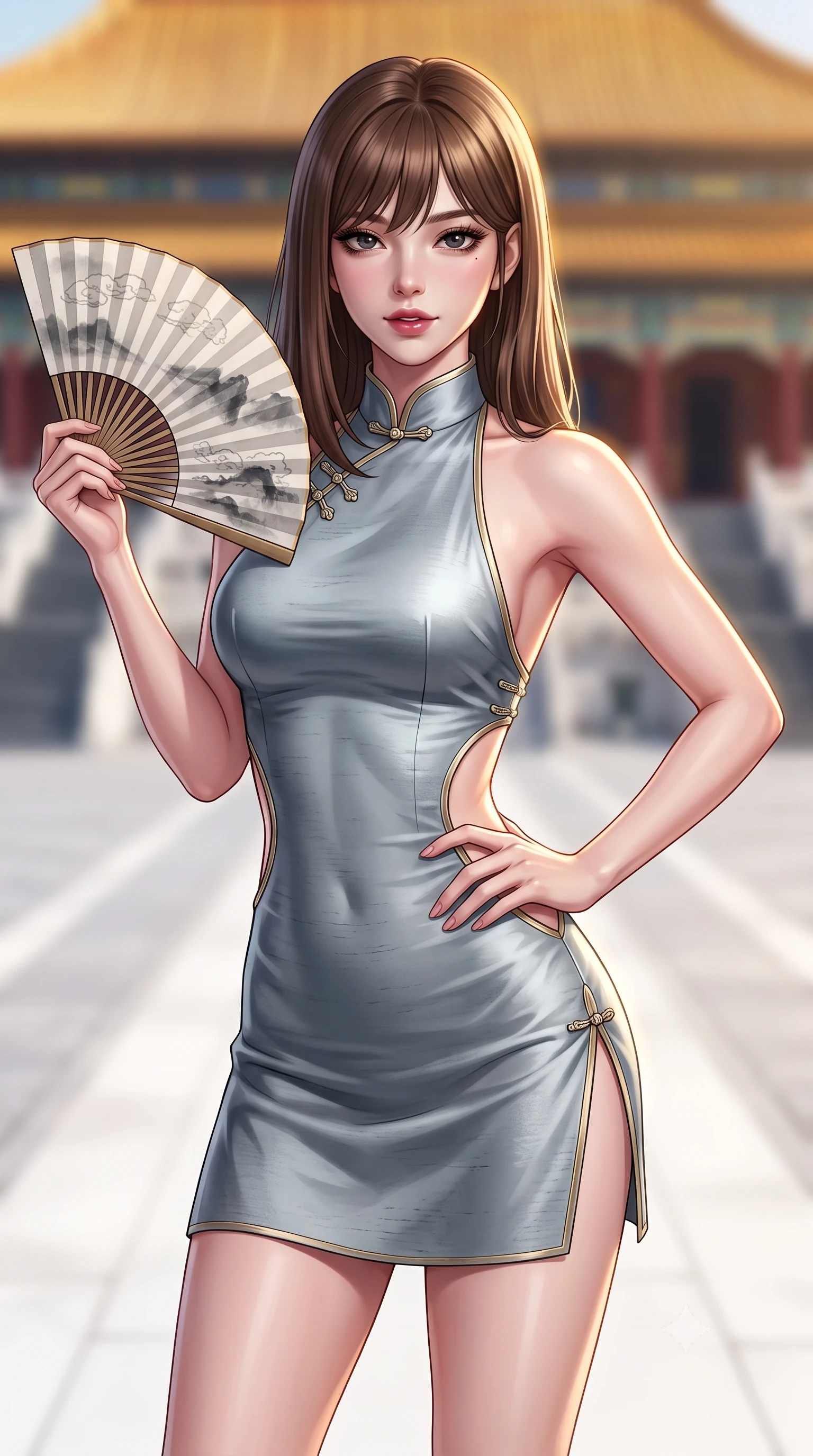 score_9, masterpiece, best quality, ultra-detailed, high-budget anime keyframe, semi-realistic 3D game render, editorial fashion photography, tasteful artistic composition, Korean woman. close-up cowboy shot from the waist and thighs up, the character dominates the composition, filling the frame with her large presence. twisting her slender torso in an alluring contrapposto stance, one hand resting on her sculpted hip while holding a traditional silk folding fan with effortless poise while twisting her slender torso in an alluring contrapposto stance, twilight golden rays reflecting off imperial yellow glazed roof tiles onto her curves. The background shows a soft-focus the vast paved white marble courtyard softened in majestic imperial Beijing shallow focus. She has an exceptionally elegant, slender, and willowy female figure with an ultra-slim waist, flat toned midriff, narrow ribcage, and sculpted feminine hips creating an alluring, slim hourglass silhouette without bulk. sharp v-shaped jawline, high-bridge nose, intricate jewel-like dark sparkling almond eyes with depth, thick lashes, glossy parted lips with a natural rose-plum sheen, bright alluring and coquettish smile with bedroom-eyes, exuding both timeless oriental elegance and sovereign high-fashion allure, flawlessly proportioned anatomical accuracy, strict slender model proportions, natural body alignment, perfectly sculpted long slender limbs, ultra-slim waistline, clean dynamic posture without body distortion. wearing a backless halter qipao mini dress with delicate frog-button closures and side waist cutouts framing her hourglass curves in misty ink-wash slate grey and liquid silver, tailored from smooth celadon raw silk with natural organic slub texture, finished with sharp laser-cut side hip slits framed by gold piping, the form-contouring cut accentuating her sculpted flat midriff, narrow delicate ribcage, and gracefully curvy hips with regal oriental supermodel elegance. illuminated by white marble ground bounce and sharp imperial-gold rim lighting defining her razor-sharp jawline, narrow waist, and curvy hips. highly saturated vibrant anime colors, detailed shading with soft gradients, rich glossy textures, high-contrast stereoscopic depth, volumetric dynamic lighting, master piece, 9:16 ratio