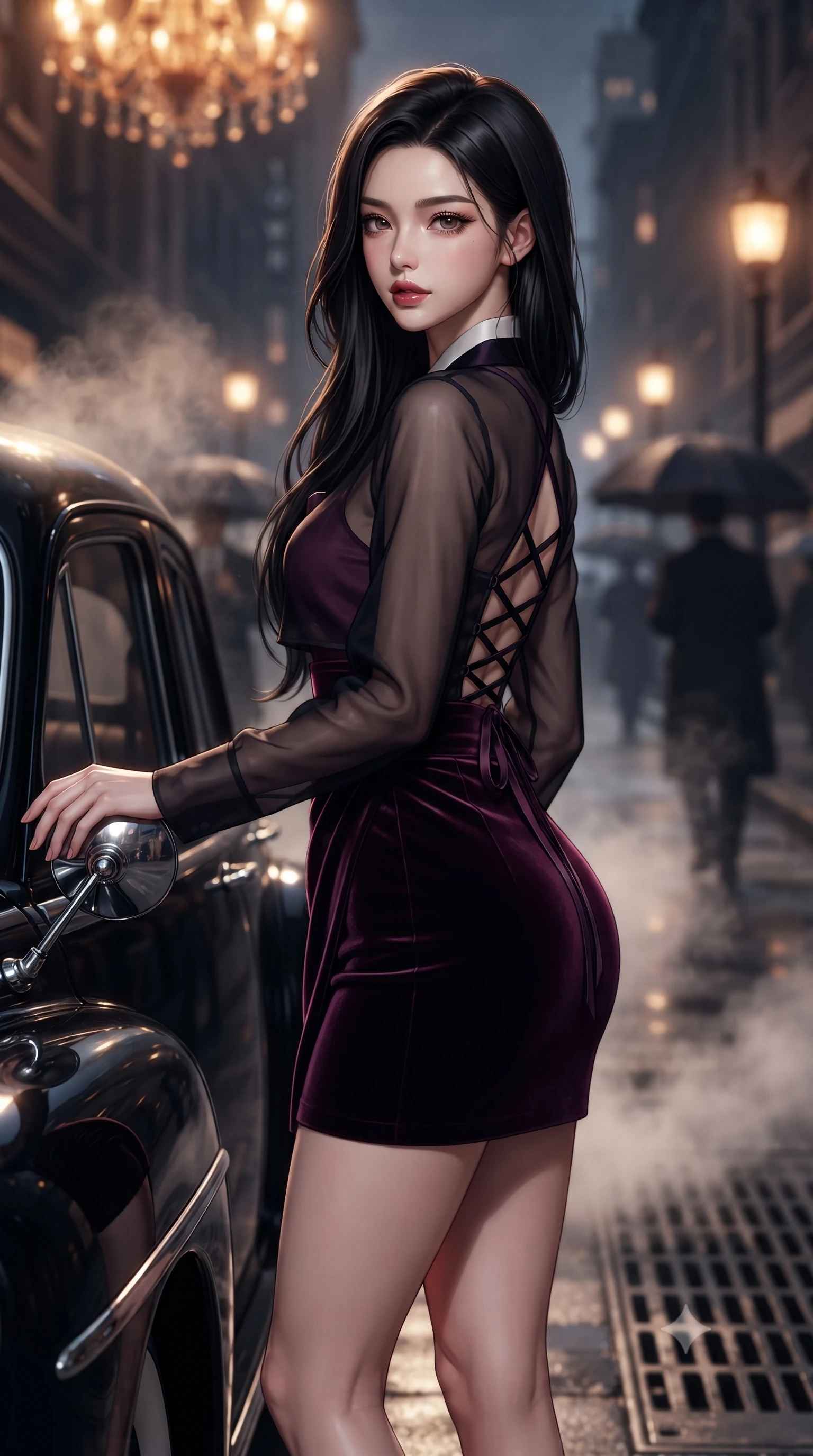 score_9, masterpiece, best quality, ultra-detailed, high-budget anime keyframe, editorial fashion photography, tasteful artistic composition, Korean woman. close-up cowboy shot from the waist and thighs up, the character dominates the composition, filling the frame with her large presence. turning slowly with a smoldering smile, her glossy dark hair catching the amber chandelier rim light as her hips angle gracefully in a captivating contrapposto while standing poised beside a vintage black town car, twisting her slender torso in an alluring contrapposto stance with parted glossy lips and sovereign poise. The composition keeps background elements in soft focus with dreamy creamy bokeh. steaming subway grates and passing umbrella silhouettes softened in cinematic noir shallow focus. She has an exceptionally elegant, slender, and willowy female figure with an ultra-slim waist, flat toned midriff, narrow ribcage, and sculpted feminine hips creating an alluring, slim hourglass silhouette without bulk. sharp v-shaped jawline, high-bridge nose, intricate jewel-like dark sparkling eyes with dangerous depth, thick curled eyelashes, glossy parted lips with a rich wine sheen, smoldering seductive half-smile with bedroom-eyes, exuding effortless superiority and intoxicating dark allure, flawlessly proportioned anatomical accuracy, strict slender model proportions, natural body alignment, perfectly sculpted long slender limbs, ultra-slim waistline, clean dynamic posture without body distortion. wearing a modern fusion dark hanbok mini dress with a sheer silk organza jeogori and high-waisted velvet wrap skirt in rich plum violet and deep onyx black, tailored from fine lightweight midnight wool crepe with crisp architectural structure, featuring a dramatic criss-cross satin back lacing tracing her slender spine, the glove-like silhouette tightly following the natural contour of her hips and long slender legs with youthful 8.5-heads elegance. bathed in the warm nostalgic glow of gaslamp lanterns casting rich amber light from above. ultra-reflective glossy finish, specular highlights, rich textural contrasts, high-contrast stereoscopic depth, volumetric dynamic lighting, 2k, ultra detail, master piece, 9:16 ratio