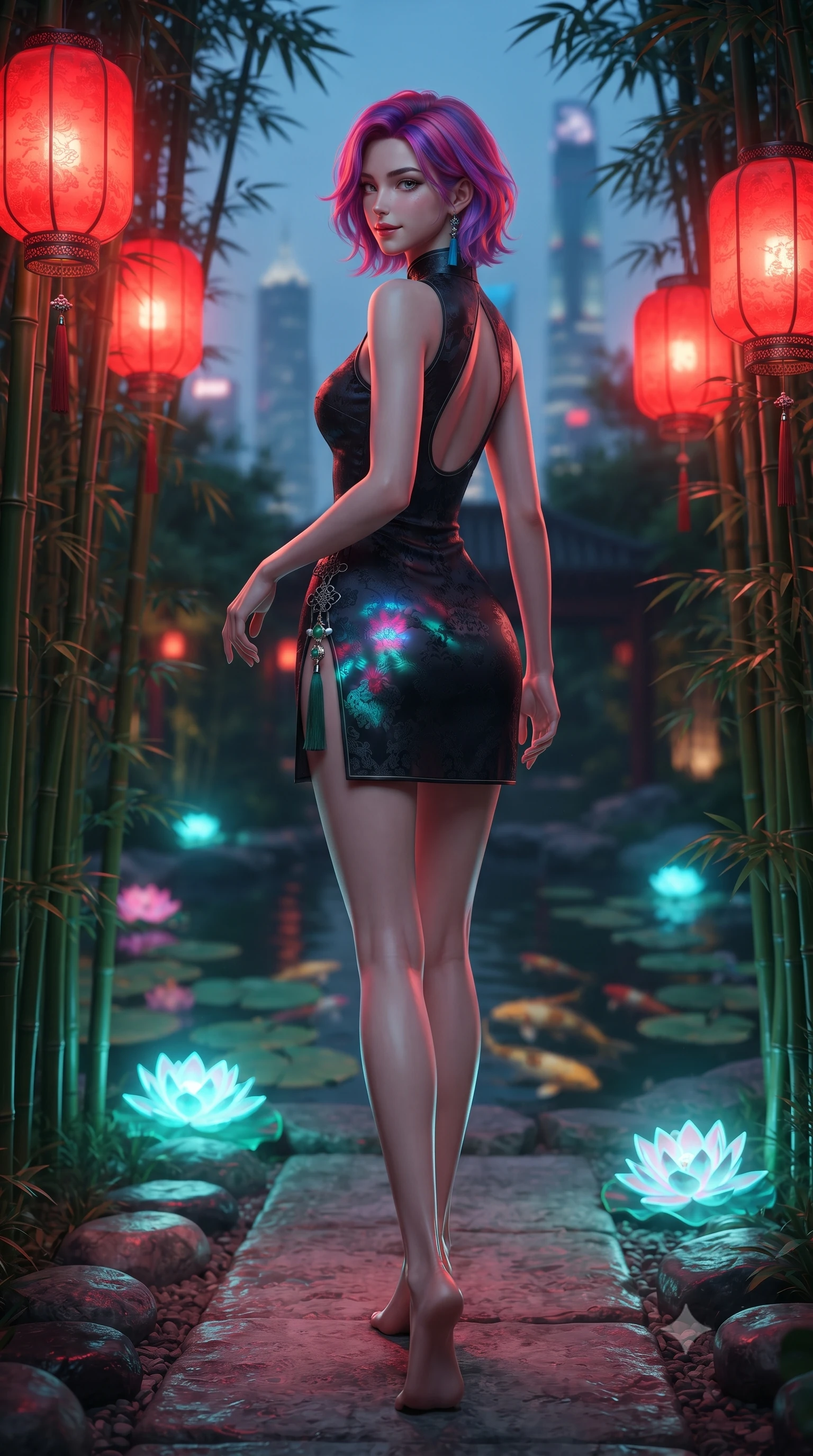 score_9, masterpiece, best quality, ultra-detailed, high-budget anime keyframe, editorial fashion photography, tasteful artistic composition, Caucasian woman. low angle full-body shot from head to toe showing her feet, filling the entire 9:16 vertical frame with her statuesque presence, stretching her vertical silhouette. walking slowly through the bamboo pathway, looking back over her shoulder with an air of effortless oriental grace and an alluring, smoldering smile while twisting her slender torso in an alluring S-curve, glowing neon water lilies and traditional lanterns casting colorful reflections across her hips. The background shows a soft-focus swimming golden koi fish beneath lotus pads and distant illuminated Shanghai skyscrapers softened in surreal fusion shallow focus. She has an absolutely perfect, statuesque 8.5-heads proportion, an exceptionally tall and slender model-like female figure with impossibly long slender legs, an ultra-slim waist, a flat toned midriff, narrow delicate ribcage, and beautifully sculpted feminine hips creating a graceful, slim hourglass silhouette without any bulky heaviness. sharp v-shaped jawline, high-bridge nose, intricate jewel-like dark sparkling almond eyes with depth, thick lashes, glossy parted lips with a natural rose-plum sheen, bright alluring and coquettish smile with bedroom-eyes, exuding both timeless oriental elegance and sovereign high-fashion allure, flawlessly proportioned anatomical accuracy, strict slender model proportions, natural body alignment, perfectly sculpted long slender limbs, ultra-slim waistline, clean dynamic posture without body distortion. wearing a form-contouring high-neck modern cheongsam mini dress in midnight black jacquard silk with daring double side hip slits in misty ink-wash slate grey and liquid silver, tailored from sheer gossamer silk organza with an airy weightless flutter, finished with an ornate modern norigae tassel with polished jade and chrome charms resting on her curvy hips, the precision-cut side hip slits and low-back scoop framing her graceful spine and the sensual sweep of her slim, toned hips. bathed in vibrant red lantern warmth and cool electric cyan water reflections. ultra-reflective glossy finish, specular highlights, rich textural contrasts, high-contrast stereoscopic depth, volumetric dynamic lighting, 2k, ultra detail, master piece, 9:16 ratio