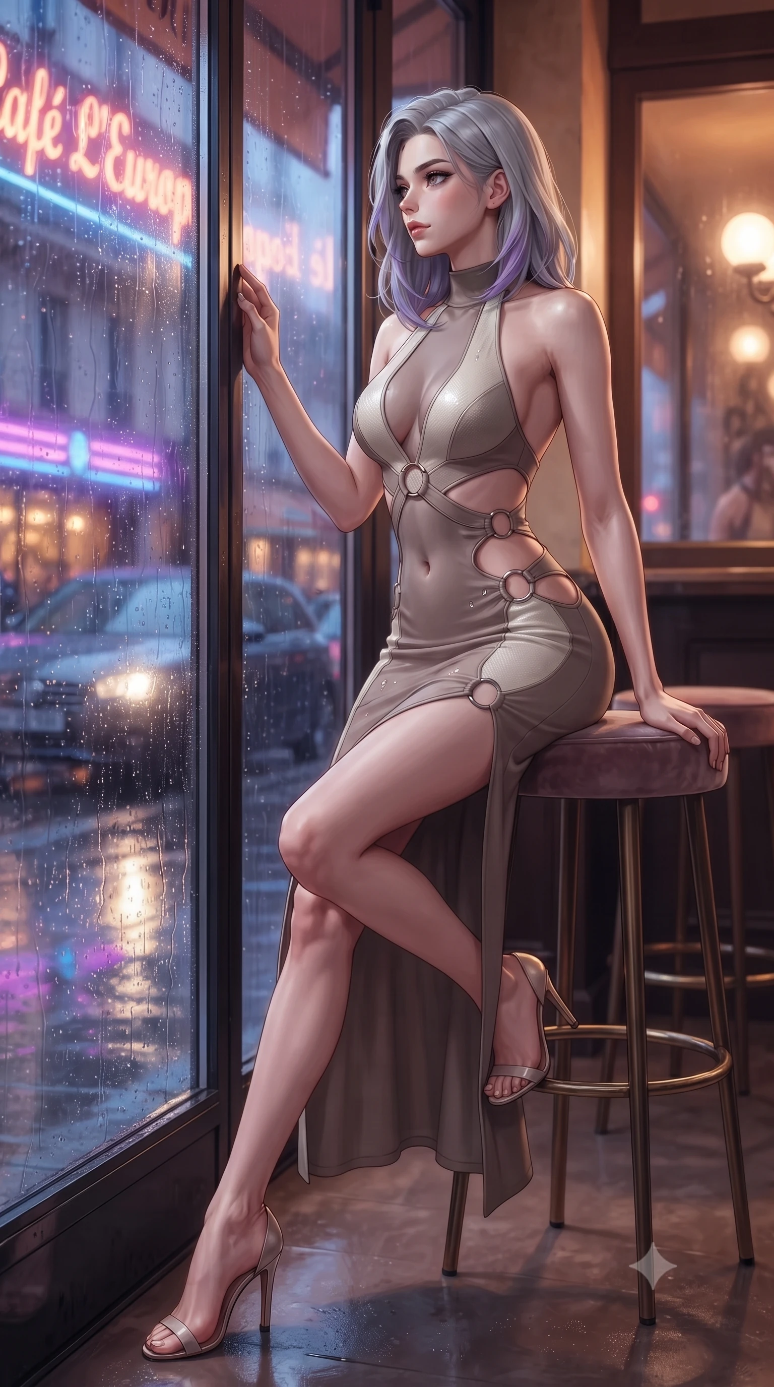 score_9, masterpiece, best quality, ultra-detailed, high-budget anime keyframe, editorial fashion photography, tasteful artistic composition, Caucasian woman. low angle full-body shot from head to toe showing her feet, filling the entire 9:16 vertical frame with her statuesque presence, stretching her vertical silhouette. forging dynamically through the scene, her vertical silhouette beautifully stretched sitting by the wet glass window of a trendy European café during a gentle rainfall, warm indoor cafe glow contrasting beautifully with cool rainy street lighting. She has an absolutely perfect, statuesque 8.5-heads proportion, an exceptionally tall and slender model-like female figure with impossibly long slender legs and an ultra-slim waist. sharp v-shaped jawline, high-bridge nose, intricate jewel-like eyes with depth, thick eyelashes, glossy lips with a natural sheen. wearing a deep-scoop halter bodycon dress with hip cutouts connected by silver rings in muted taupe and soft ivory, made of fine carbon-fiber weave and soft matte leather, featuring subtle geometric cutouts that highlight her ultra-slim midriff, the tailored fabric tightly following every curve of her athletic build. drenched in wet neon reflections with brilliant specular highlights on her silhouette. highly saturated vibrant anime colors, detailed shading with soft gradients, rich glossy textures, high-contrast stereoscopic depth, volumetric dynamic lighting, master piece, 9:16 ratio