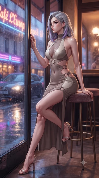 score_9, masterpiece, best quality, ultra-detailed, high-budget anime keyframe, editorial fashion photography, tasteful artistic composition, Caucasian woman. low angle full-body shot from head to toe showing her feet, filling the entire 9:16 vertica