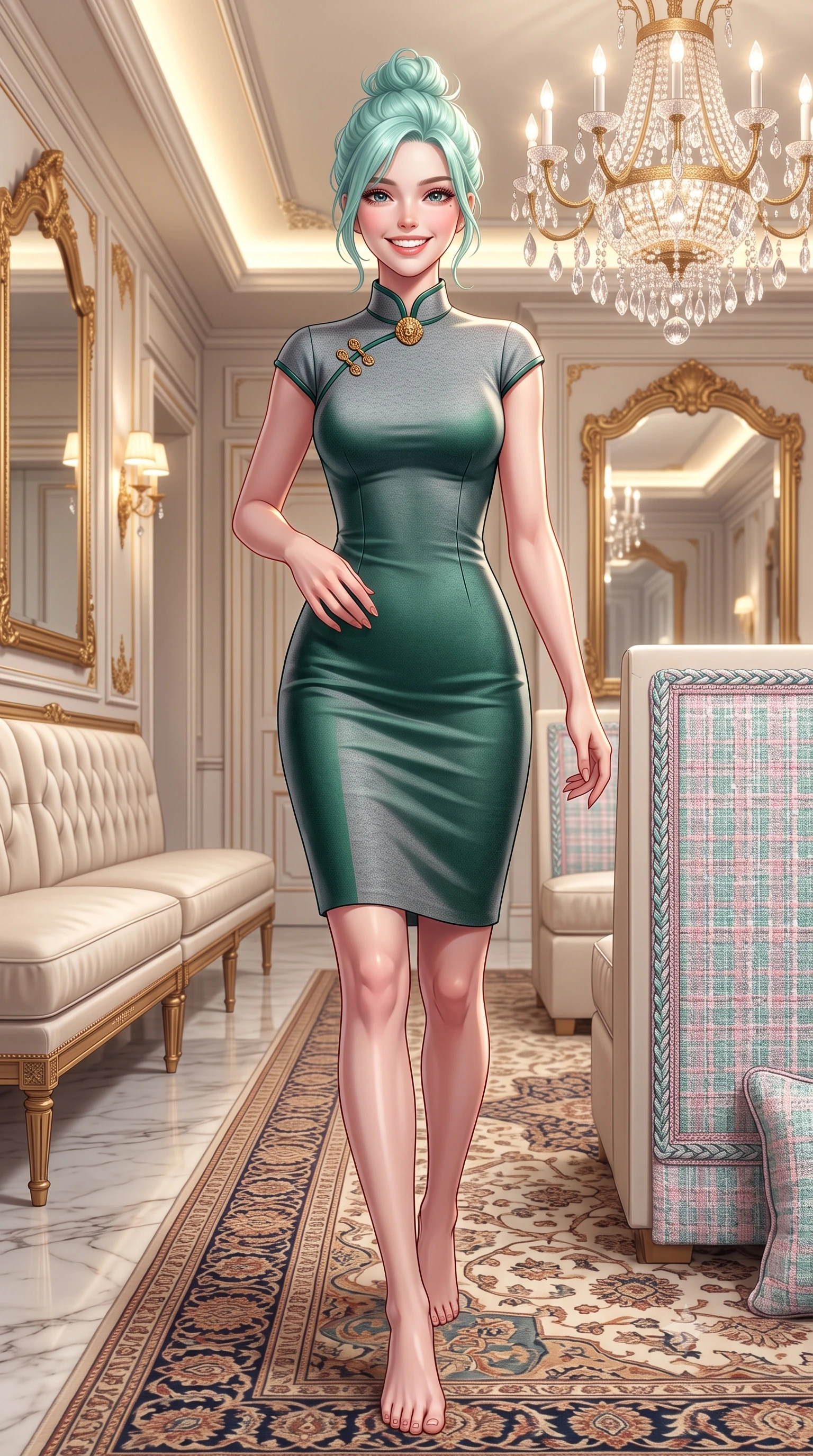 score_9, masterpiece, best quality, ultra-detailed, high-budget anime keyframe, semi-realistic 3D game render, editorial fashion photography, tasteful artistic composition, Japanese woman. low angle full-body shot from head to toe showing her feet, filling the entire 9:16 vertical frame with her statuesque presence, stretching her vertical silhouette. stepping forward gracefully in mid-motion with a radiant beaming smile, hips swaying with supermodel rhythm as her vertical silhouette fills the frame while sitting poised on an ivory velvet banquette with hands folded neatly in her lap, exuding impeccable French haute-couture elegance. The surrounding environment is rendered in vivid detail and crisp panoramic clarity: detailed Chanel-inspired pastel tweed jacket weave, braided trim borders, and premier Parisian interior architecture in razor-sharp precision. She has an exceptionally tall and slender model-like 8.5-heads proportion, an ultra-slim waist, a flat toned midriff, narrow delicate ribcage, and beautifully sculpted feminine hips creating a graceful, slim hourglass silhouette without any bulky heaviness, with impossibly long slender legs. sharp v-shaped jawline, high-bridge nose, intricate jewel-like sparkling eyes with depth, thick eyelashes, glossy parted lips with a natural peach sheen, bright cheerful beaming smile with an enchanting and coquettish sensual glint, exuding both youthful cute charm and seductive allure, flawlessly proportioned anatomical accuracy, strict slender model proportions, natural body alignment, perfectly sculpted long slender limbs, ultra-slim waistline, clean dynamic posture without body distortion. wearing a modern form-fitting silk-knit cheongsam-inspired dress with subtle standing collar and snug tailored waist darts in St. Moritz pine forest emerald and heather grey, crafted from liquid-tight stretch cashmere knit clinging flawlessly to every curve with silky softness, accented with an ornate 24k gold lion-embossed crest button along the snug front closure, the form-contouring silhouette accentuating her sculpted flat midriff, narrow delicate ribcage, and gracefully curvy hips with intoxicating allure. bathed in brilliant 3500K warm-white cove illumination and glittering multi-faceted crystal chandelier reflections. highly saturated vibrant anime colors, detailed shading with soft gradients, rich glossy textures, high-contrast stereoscopic depth, volumetric dynamic lighting, master piece, 9:16 ratio