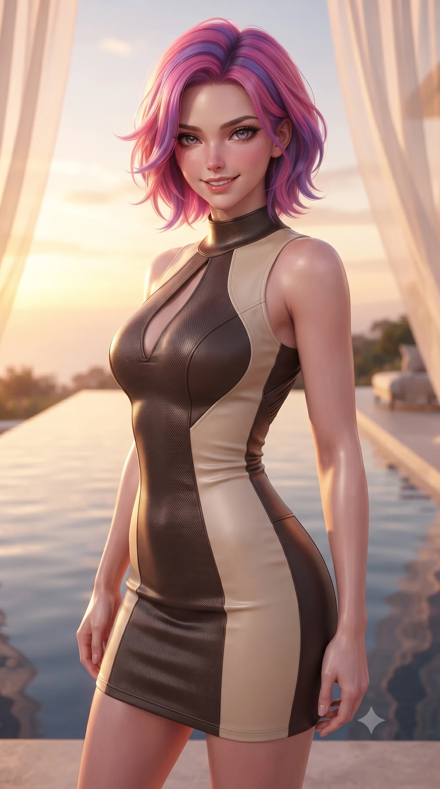 score_9, masterpiece, best quality, ultra-detailed, high-budget anime keyframe, editorial fashion photography, tasteful artistic composition, Caucasian woman. close-up cowboy shot from the waist and thighs up, the character dominates the composition, filling the frame with her large presence, background elements kept in soft focus. Smiling with quiet, magnetic self-assurance directly into the lens poised beside an infinity reflecting pool mirroring a warm sunset sky, translucent silk curtains drifting lazily in a warm sky breeze. She has an exceptionally elegant, slender, and willowy female figure with an ultra-slim waist, a gracefully sculpted slender torso, and a refined silhouette. sharp v-shaped jawline, high-bridge nose, intricate jewel-like eyes with depth, thick eyelashes, glossy lips with a natural sheen. wearing a precision-fitted liquid jersey bodycon dress with a draped back in espresso brown and warm cream, made of fine carbon-fiber weave and soft matte leather, accented with a Tasteful chest slit framing her clavicle gracefully, the sleek second-skin texture accentuating her magnetic presence. illuminated by soft glowing sunset radiance with dramatic golden rim highlights. highly saturated vibrant anime colors, detailed shading with soft gradients, rich glossy textures, high-contrast stereoscopic depth, volumetric dynamic lighting, master piece, 9:16 ratio