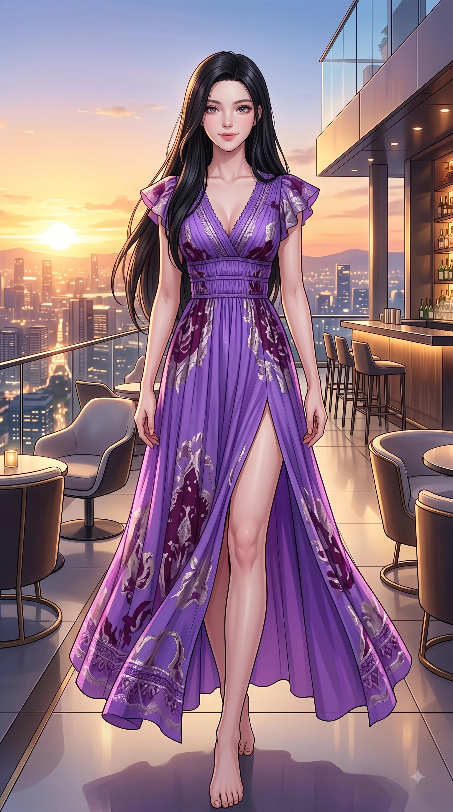 score_9, masterpiece, best quality, ultra-detailed, high-budget anime keyframe, editorial fashion photography, tasteful artistic composition, Korean woman. low angle full-body shot from head to toe showing her feet, filling the entire 9:16 vertical frame with her statuesque presence, stretching her vertical silhouette. Airy, translucent innocence with a soft subtle smile and a clear, pristine gaze into the lens while stepping gracefully onto an open-air rooftop lounge as golden sunset city lights twinkle. The surrounding environment is rendered in vivid detail and crisp panoramic clarity. vibrant city night lights and sleek rooftop lounge decor captured with environmental precision. She has an absolutely perfect, statuesque 8.5-heads proportion, an exceptionally tall and slender model-like female figure with impossibly long slender legs and an ultra-slim waist. sharp v-shaped jawline, high-bridge nose, intricate jewel-like eyes with depth, thick eyelashes, glossy lips with a natural sheen, flawlessly proportioned anatomical accuracy, natural body alignment, perfectly sculpted elegant limbs, clean dynamic posture without body distortion. wearing a vivid violet chiffon gown with delicate smocked details and flutter sleeves in rich plum violet and metallic platinum, tailored from crisp high-density cotton poplin, finished with a sleek side slit ascending to mid-thigh, the tailored fit highlighting her statuesque and model-like silhouette. surrounded by an opulent, glamorous, and high-fashion nightlife editorial aura. highly saturated vibrant anime colors, detailed shading with soft gradients, rich glossy textures, high-contrast stereoscopic depth, volumetric dynamic lighting, master piece, 9:16 ratio