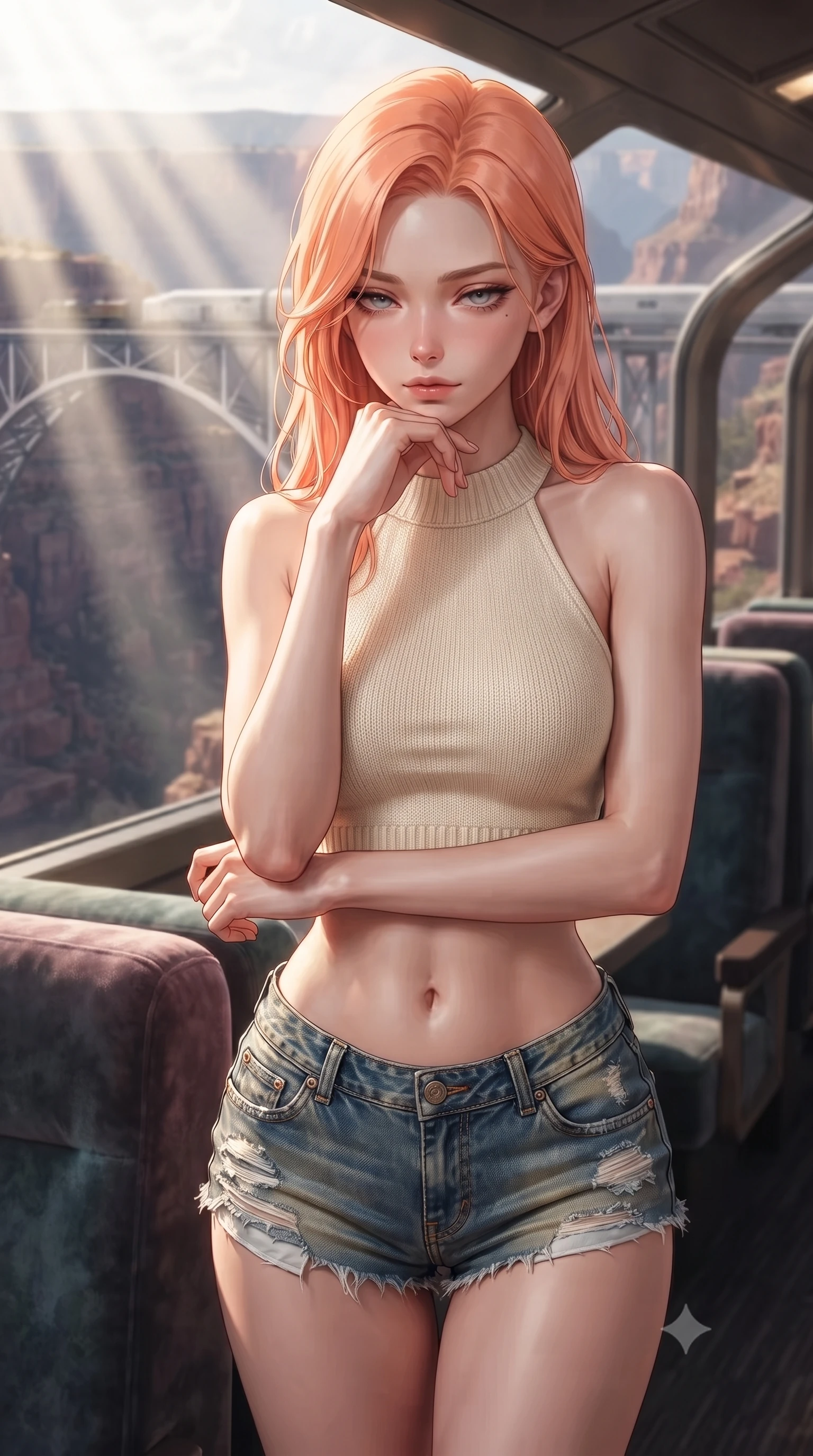 score_9, masterpiece, best quality, ultra-detailed, high-budget anime keyframe, editorial fashion photography, tasteful artistic composition, Japanese woman. close-up cowboy shot from the waist and thighs up, the character dominates the composition, filling the frame with her large presence, background elements kept in soft focus. resting her chin on the backs of her fingers, casting a heavy-lidded, sultry look past the camera the background shows a soft-focus the upper deck lounge of a double-decker scenic train crossing a canyon bridge. She has an exceptionally elegant, slender, and willowy female figure with an ultra-slim waist, a gracefully sculpted slender torso, and a refined silhouette. sharp v-shaped jawline, high-bridge nose, intricate jewel-like eyes with depth, thick eyelashes, glossy lips with a natural sheen. wearing a tailored chic knit halter crop top paired with denim micro-shorts, showing her delicately sculpted midriff. volumetric sunbeams slicing through the glass panels, creating dramatic light rays. ultra-reflective glossy finish, specular highlights, metallic sheen, high-contrast stereoscopic depth, volumetric dynamic lighting, 2k, ultra detail, master piece, 9:16 ratio