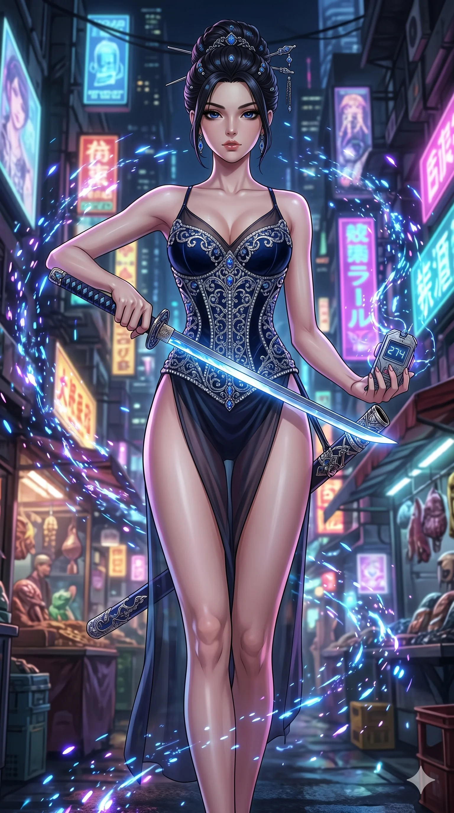 score_9, masterpiece, best quality, ultra-detailed, Set A: High-budget Anime Keyframe, Caucasian (strictly human ears) woman. Low angle cowboy shot filling the entire 9:16 frame with her statuesque presence. Drawing a blade through a futuristic night market, holding a relic that pulses with the frequency 274 and surrounded by glowing energy sparks. She has an absolutely perfect 8-heads proportion, an exceptionally tall and slender female figure with impossibly long slender legs and an ultra-slim waist. Sharp v-shaped jawline, high-bridge nose, intricate jewel-like eyes with depth, thick eyelashes, glossy lips with a natural sheen. Wearing Intricate jewel-encrusted corset over a sheer silk slip with high-cut leg line. Cinematic lighting, vibrant colors, dramatic shadows, 2k, ultra detail, master piece, 9:16 ratio