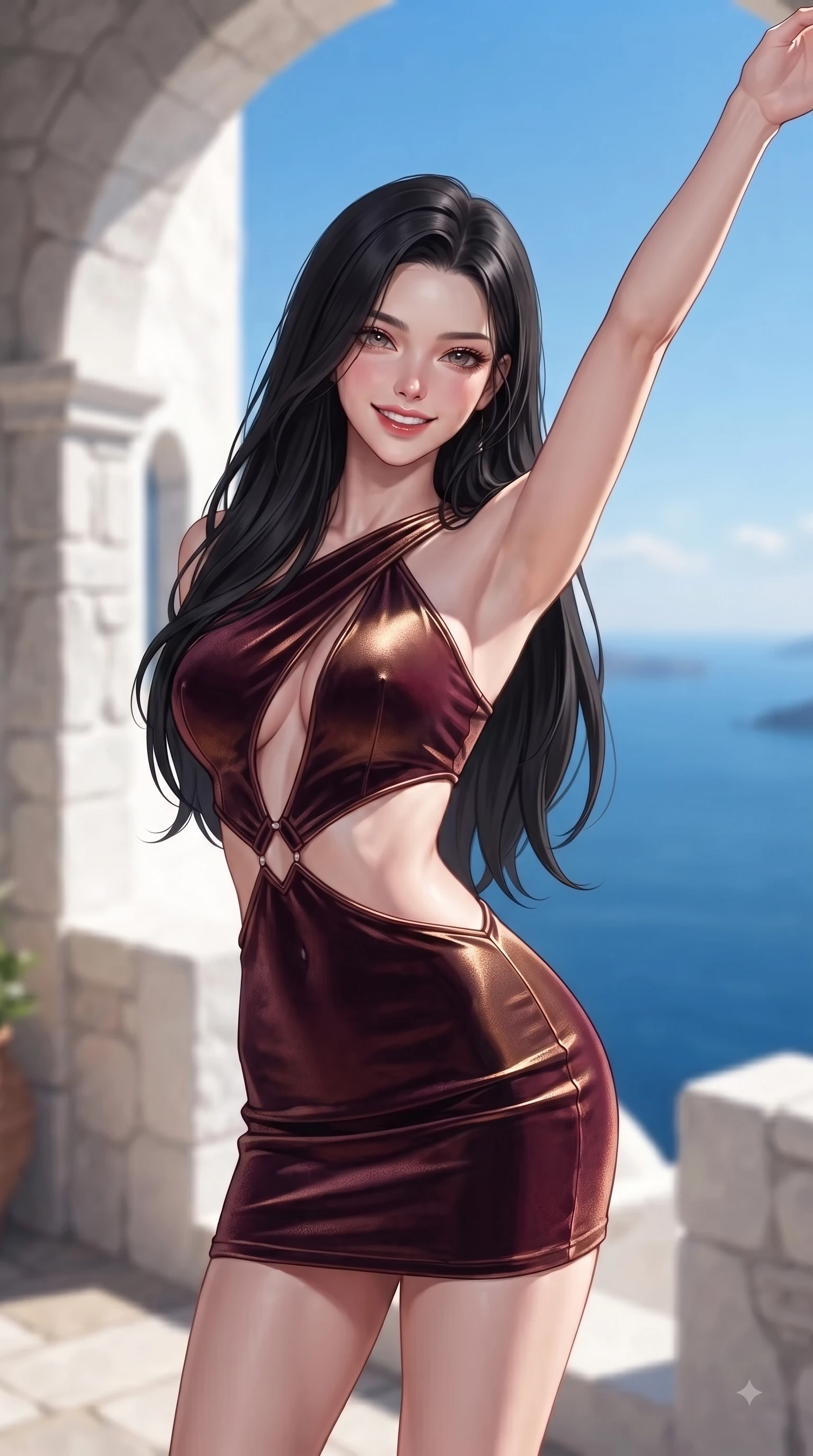 score_9, masterpiece, best quality, ultra-detailed, high-budget anime keyframe, editorial fashion photography, tasteful artistic composition, Korean woman. close-up cowboy shot from the waist and thighs up, the character dominates the composition, filling the frame with her large presence, background elements kept in soft focus. Extending one arm in an elegant stretch toward the sun while smiling with vibrant, magnetic self-assurance while resting happily on a stone archway balcony as intense Mediterranean sunlight warms her form, pristine white stone architecture contrasting brilliantly with deep azure sea and blue skies. She has an exceptionally elegant, slender, and willowy female figure with an ultra-slim waist, a gracefully sculpted slender torso, and a refined silhouette. sharp v-shaped jawline, high-bridge nose, intricate jewel-like eyes with depth, thick eyelashes, glossy lips with a natural sheen, flawlessly proportioned anatomical accuracy, natural body alignment, perfectly sculpted elegant limbs, clean dynamic posture without body distortion. wearing a dramatic open-waist cutout mini dress framed by sculptural hardware in deep burgundy and bronze, made of premium stretch velvet with a rich sheen, featuring subtle geometric cutouts that highlight her ultra-slim midriff, the glove-like fit emphasizing her statuesque silhouette during motion. surrounded by a clear, sun-drenched atmosphere with crisp cheerful highlights. ultra-reflective glossy finish, specular highlights, metallic sheen, high-contrast stereoscopic depth, volumetric dynamic lighting, 2k, ultra detail, master piece, 9:16 ratio