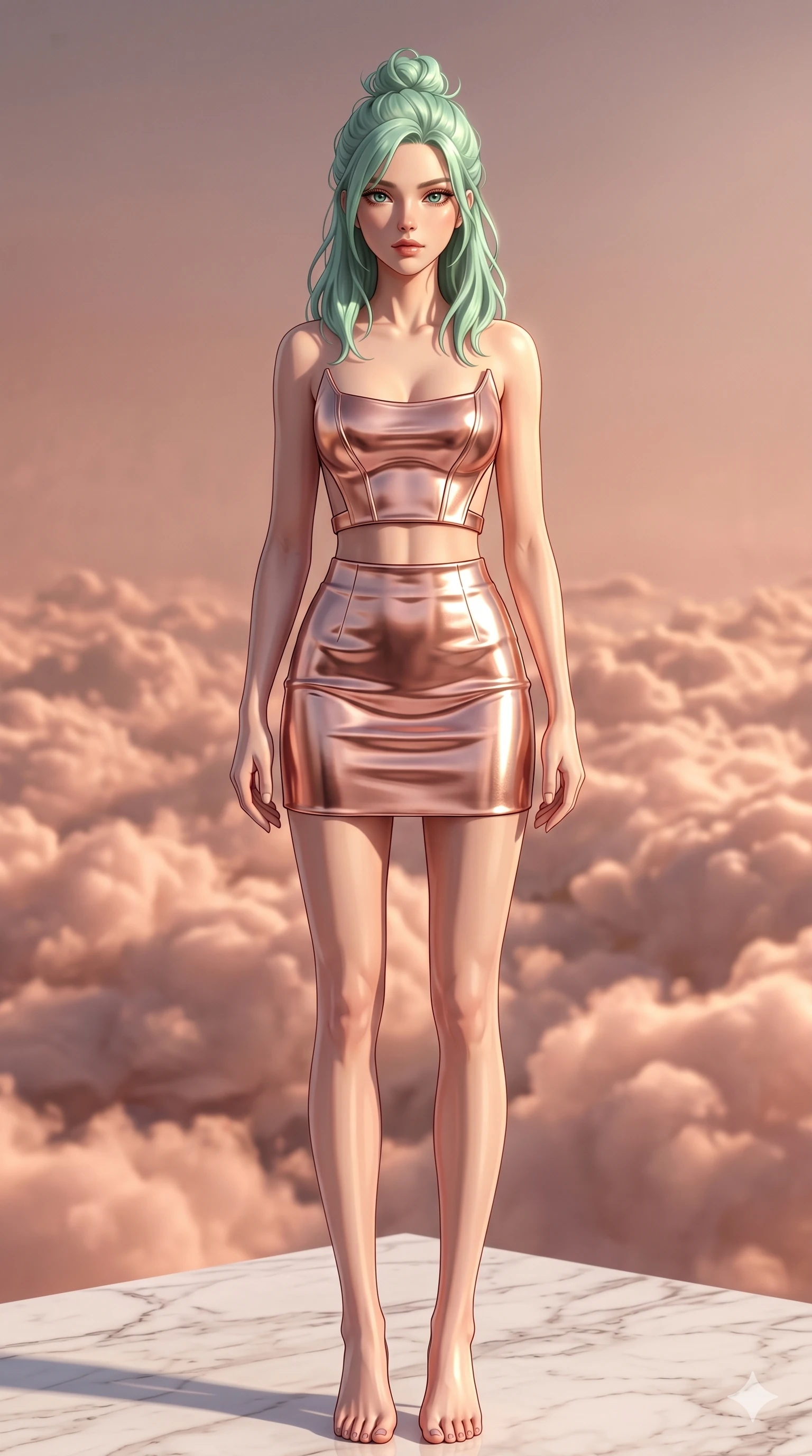 score_9, masterpiece, best quality, ultra-detailed, high-budget anime keyframe, editorial fashion photography, tasteful artistic composition, Japanese woman. cowboy shot from the thighs up, character and outfit filling the frame for maximum editorial presence. Gazing past the camera with an air of effortless superiority atop a floating white marble terrace above a sea of luminous rose-gold clouds. She has an absolutely perfect 8-heads proportion, an exceptionally tall and slender female figure with impossibly long slender legs and an ultra-slim waist. V-shaped jawline, high-bridge nose, intricate jewel-like eyes with depth, thick eyelashes, glossy lips with a natural sheen. wearing a sculpted metallic rose-gold structured crop top with a forward-facing architectural neckline and a wide-open back, paired with a matching high-waist metallic mini skirt in the same liquid fabric. lit by dramatic chiaroscuro with a single golden key light carving her facial contours and figure. 2k, ultra detail, master piece, 9:16 ratio