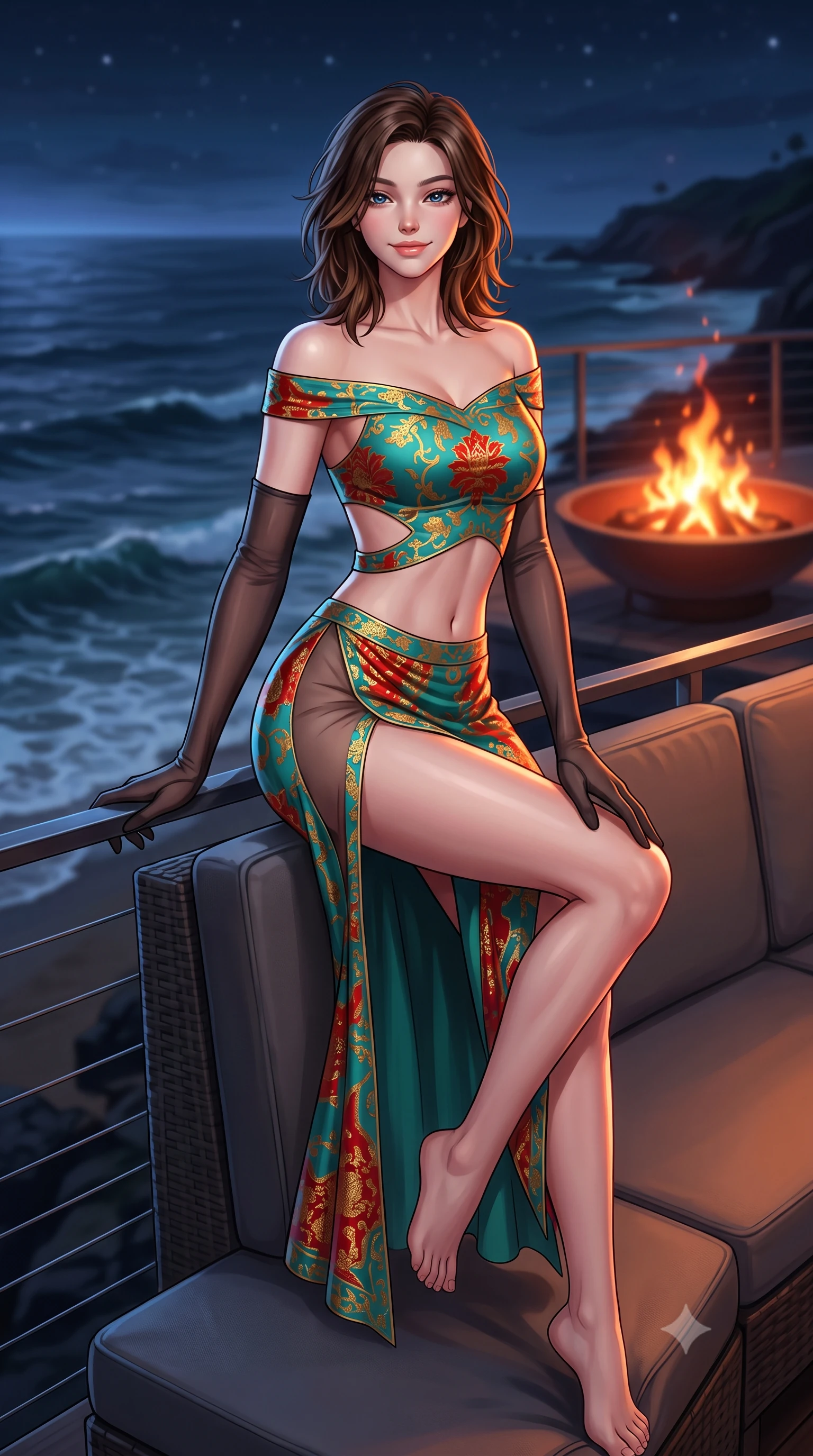 score_9, masterpiece, best quality, ultra-detailed, high-budget anime keyframe, semi-realistic 3D game render, editorial fashion photography, tasteful artistic composition, Korean woman. close-up cowboy shot from the waist and thighs up, the character dominates the composition, filling the frame with her large presence. perched sideways on the lounge seat, one knee drawn up to showcase her slender leg line while her arched back accentuates her feminine hip curve while leaning against the nautical wire balustrade with hips cocked back, looking out over rolling Atlantic swells with heavy-lidded bedroom-eyes. The background shows a soft-focus dancing fire pit flames softened in dramatic coastal aerie shallow focus. She has an exceptionally elegant, slender, and willowy female figure with an ultra-slim waist, flat toned midriff, narrow ribcage, and sculpted feminine hips creating an alluring, slim hourglass silhouette without bulk. sharp v-shaped jawline, high-bridge nose, intricate jewel-like sparkling eyes with depth, thick eyelashes, glossy parted lips with a natural peach sheen, bright cheerful beaming smile with an enchanting and coquettish sensual glint, exuding both youthful cute charm and seductive allure, flawlessly proportioned anatomical accuracy, strict slender model proportions, natural body alignment, perfectly sculpted long slender limbs, ultra-slim waistline, clean dynamic posture without body distortion. wearing a provocative off-the-shoulder crop top with asymmetrical side-torso cutouts and a high-slit wrap skirt in Tanjong Pagar Peranakan jade green and gilded vermilion, featuring strategic sheer-illusion tulle side panels framing her ribcage and hips, complemented by sheer opera-length evening gloves tracing her slender arms, the bespoke structured tailoring following the natural line of her 8.5-heads silhouette with refined elegance. bathed in the warm radiant 2100K hearth glow of the outdoor fire bowl mixed with cool Atlantic starlight and moonlight. highly saturated vibrant anime colors, detailed shading with soft gradients, rich glossy textures, high-contrast stereoscopic depth, volumetric dynamic lighting, master piece, 9:16 ratio