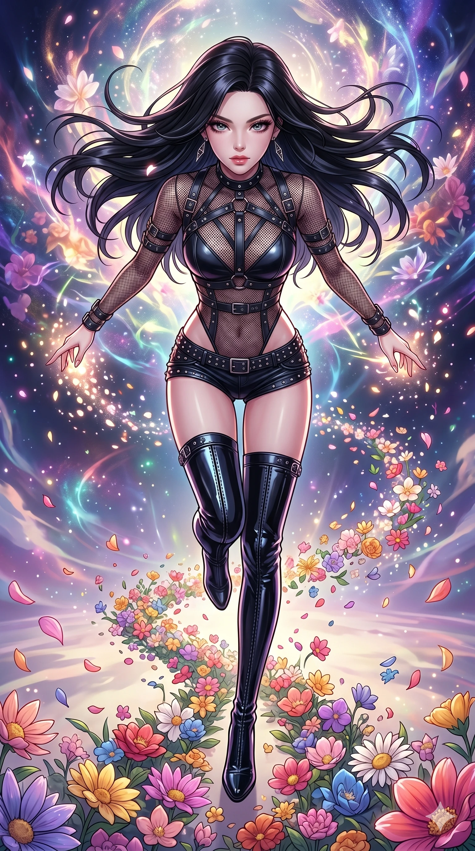 score_9, masterpiece, best quality, ultra-detailed, high-budget anime movie keyframe, cinematic anime lighting, intricate line art, Japanese woman. Extreme high angle shot as she leaps towards the camera, filling the frame. casting a spell that turns her footsteps into blooming flowers. She has an absolutely perfect 8-heads proportion, an exceptionally tall and slender female figure with an ultra-slim waist and impossibly long slender legs. strictly human anatomy, two legs only, no extra limbs, clearly defined legs and arms, perfect anatomy, perfect hands and fingers. sharp v-shaped jawline, high-bridge nose, intricate jewel-like eyes, thick eyelashes, glossy lips. Wearing K-Idol Stage: Leather harness over mesh, high-cut bodysuit, studded micro-shorts, and thigh-high patent boots. The scene is illuminated by dramatic atmospheric lighting and vibrant color palettes. , 2k, ultra detail, master piece, 9:16 ratio