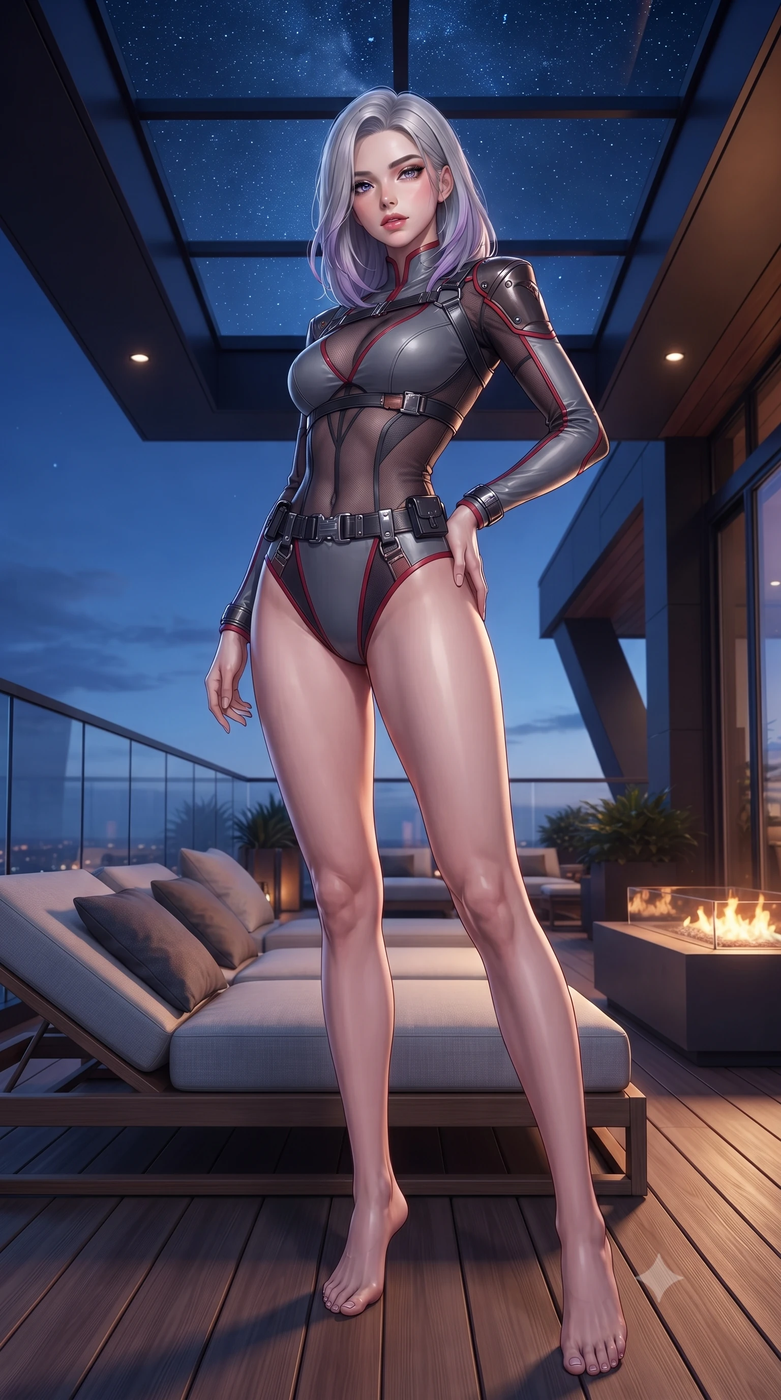 score_9, masterpiece, best quality, ultra-detailed, high-budget anime keyframe, editorial fashion photography, tasteful artistic composition, Caucasian woman. low angle full-body shot from head to toe showing her feet, filling the entire 9:16 vertical frame with her statuesque presence, stretching her vertical silhouette. standing poised with one hip cocked in an alluring high-fashion pose, her tall 8.5-heads proportions dominating the scene while arching her spine in a relaxed yet alluring pose on a modern lounge daybed under starry penthouse skylights. The surrounding environment is rendered in vivid detail and crisp panoramic clarity. crystal-clear penthouse glass railings, modern teak wood decking, and sharp architectural angles in deep focus. She has an absolutely perfect, statuesque 8.5-heads proportion, an exceptionally tall and slender model-like female figure with impossibly long slender legs, a toned flat midriff, and an ultra-slim waist. sharp v-shaped jawline, high-bridge nose, intricate jewel-like eyes with depth, thick eyelashes, glossy lips with a natural sheen, captivating and magnetic expression, flawlessly proportioned anatomical accuracy, strict slender model proportions, natural body alignment, perfectly sculpted long slender limbs, ultra-slim waistline, clean dynamic posture without body distortion. wearing a sharp asymmetrical spy bodysuit with sheer contouring mesh panels, reinforced strike shoulders, and utility waist harness in storm grey and dark scarlet trim, made of high-mobility liquid jersey and semi-opaque reinforced mesh, accented with concealed lockpick wristbands and polished dark chrome hardware, the form-contouring material adhering flawlessly to her sculpted flat midriff and slender torso, emphasizing her long leg lines and perfectly proportioned willowy build. bathed in twilight indigo sky tones and warm amber rooftop fire pit glow. ultra-reflective glossy finish, specular highlights, rich textural contrasts, high-contrast stereoscopic depth, volumetric dynamic lighting, 2k, ultra detail, master piece, 9:16 ratio