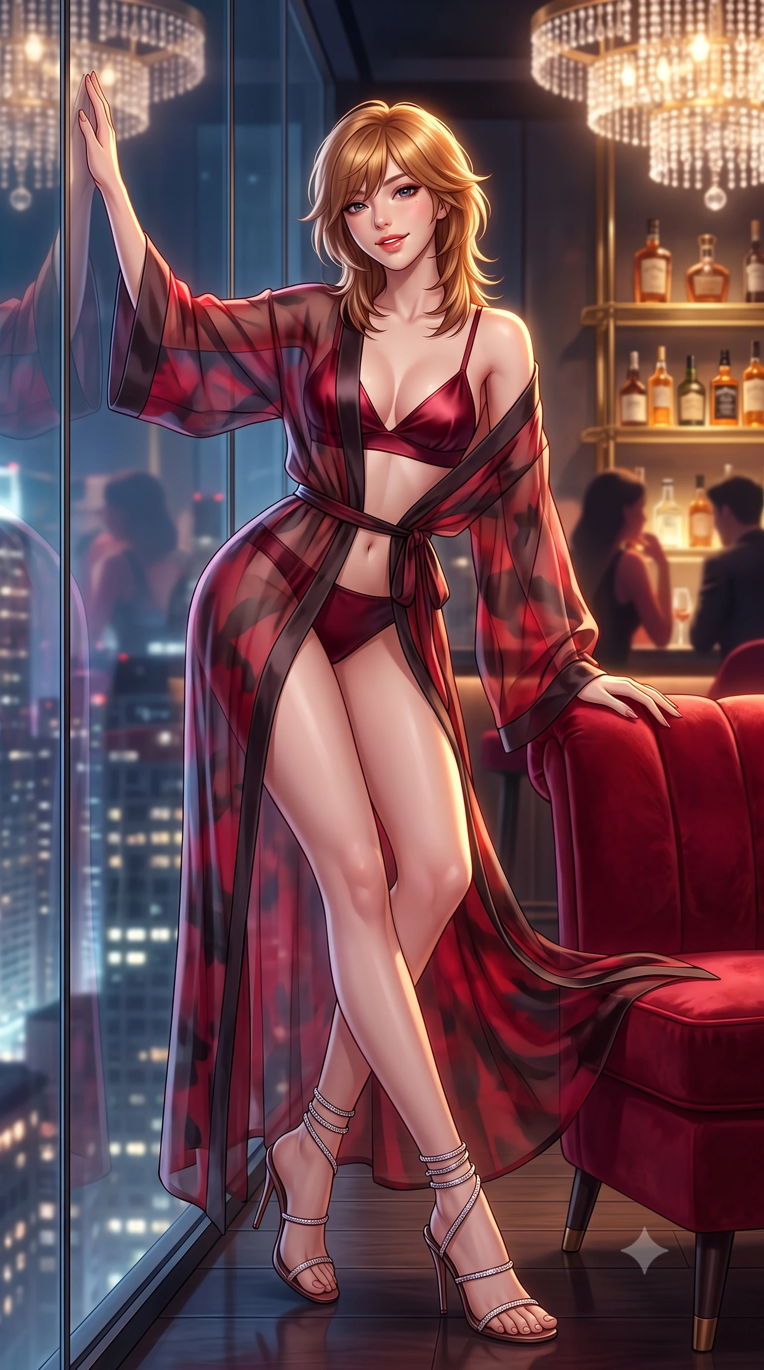 score_9, masterpiece, best quality, ultra-detailed, high-budget anime keyframe, semi-realistic 3D game render, editorial fashion photography, tasteful artistic composition, Korean woman. low angle full-body shot from head to toe showing her feet, filling the entire 9:16 vertical frame with her statuesque presence, stretching her vertical silhouette. standing tall beside the floor-to-ceiling glass wall, one hand resting on the glass while arching her lower back to emphasize her sculpted feminine hips and slender waist against the glittering city while reclining on the plush velvet lounge chair with one arm draped over the backrest, flashing a playful, coquettish smile with glossy parted lips. The background shows a soft-focus glowing crystal chandeliers, amber liquor bottles on brass shelves, and shadowy patrons blurred into sultry ruby, topaz, and smoky obsidian bokeh. She has an absolutely perfect, statuesque 8.5-heads proportion, an exceptionally tall and slender model-like female figure with impossibly long slender legs, an ultra-slim waist, a flat toned midriff, narrow delicate ribcage, and beautifully sculpted feminine hips creating a graceful, slim hourglass silhouette without any bulky heaviness. sharp v-shaped jawline, high-bridge nose, sparkling eyes with hypnotic seductive depth, thick curled eyelashes, glossy parted lips with a natural dewy peach sheen, alluring bedroom-eyes with an enchanting coquettish smile, exuding magnetic siren charisma and sophisticated high-fashion glamour, flawlessly proportioned anatomical accuracy, strict slender model proportions, natural body alignment, perfectly sculpted long slender limbs, ultra-slim waistline, clean dynamic posture without body distortion. wearing a sheer organza kimono robe worn loose and slipping off bare shoulders over a matching satin bralette and high-waisted briefs in rich cherry lacquer and smoky charcoal, made of sheer gossamer chiffon that drapes softly against skin with airy translucence, complemented by strappy stiletto sandals with crystal ankle wraps accentuating her slender calves, the form-contouring silhouette accentuating her sculpted flat midriff, narrow delicate ribcage, and gracefully curvy hips with intoxicating allure. illuminated by backlit onyx bar glow and sharp warm-gold rim lights defining her razor-sharp jawline, ultra-slim waist, and curvy hips. highly saturated vibrant anime colors, detailed shading with soft gradients, rich glossy textures, high-contrast stereoscopic depth, volumetric dynamic lighting, master piece, 9:16 ratio