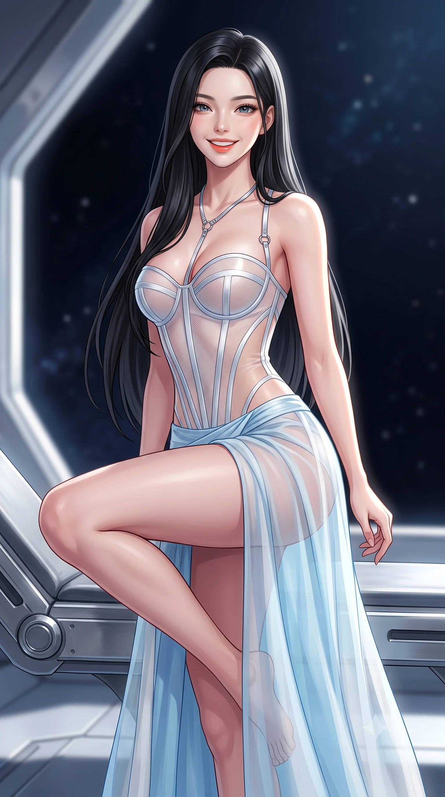 score_9, masterpiece, best quality, ultra-detailed, high-budget anime keyframe, semi-realistic 3D game render, editorial fashion photography, tasteful artistic composition, Korean woman. close-up cowboy shot from the waist and thighs up, the character dominates the composition, filling the frame with her large presence. perched sideways on the lounge seat, one knee drawn up to showcase her slender leg line while her arched back accentuates her feminine hip curve while sitting poised on the titanium sensor housing with one knee bent, arching her back with playful combat charisma and parted glossy lips. The background shows a soft-focus vacuum solar radiation shimmer softened in orbital mirror station shallow focus. She has an exceptionally elegant, slender, and willowy female figure with an ultra-slim waist, flat toned midriff, narrow ribcage, and sculpted feminine hips creating an alluring, slim hourglass silhouette without bulk. sharp v-shaped jawline, high-bridge nose, intricate jewel-like sparkling eyes with depth, thick eyelashes, glossy parted lips with a natural peach sheen, bright cheerful beaming smile with an enchanting and coquettish sensual glint, exuding both youthful cute charm and seductive allure, flawlessly proportioned anatomical accuracy, strict slender model proportions, natural body alignment, perfectly sculpted long slender limbs, ultra-slim waistline, clean dynamic posture without body distortion. wearing a provocative translucent mesh corset bodice with boned satin channels paired with a sheer chiffon wrap maxi skirt in arctic cryo-glacier ice blue and platinum white, featuring strategic sheer-illusion tulle side panels framing her ribcage and hips, accented with a chrome-drop body harness subtly framing her dewy collarbones and spine, the precision-cut side openings and low-back scoop framing her graceful spine and the sensual sweep of her slim, toned hips. bathed in pure high-intensity 5500K focused solar light contrasted with deep jet-black space shadows. highly saturated vibrant anime colors, detailed shading with soft gradients, rich glossy textures, high-contrast stereoscopic depth, volumetric dynamic lighting, master piece, 9:16 ratio