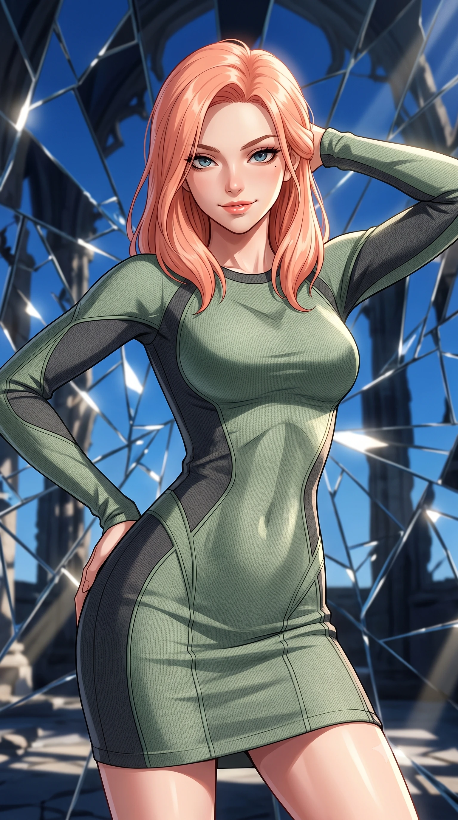 score_9, masterpiece, best quality, ultra-detailed, high-budget anime keyframe, editorial fashion photography, tasteful artistic composition, Japanese woman. close-up cowboy shot from the waist and thighs up, the character dominates the composition, filling the frame with her large presence, background elements kept in soft focus. Exhibiting a confident, playful smirk directly into the camera. set against a soft-focus background of standing inside an ancient Gothic ruin where the walls are made of shattered mirror shards, reflecting fragmented pieces of a deep blue sky. She has an exceptionally elegant, slender, and willowy female figure with a highly-defined ultra-slim waist, a gracefully sculpted slender torso, and a refined slim-fit silhouette that contours her form. sharp v-shaped jawline, high-bridge nose, intricate jewel-like eyes with depth, thick eyelashes, glossy lips with a natural sheen. wearing a form-fitting athletic-cut knit dress in sage green and charcoal, with sculpted seams that trace her slender waistline. bright sun rays bouncing off the broken mirrors, creating sharp, chaotic beams of light and high-contrast shadows. 2k, ultra detail, master piece, 9:16 ratio