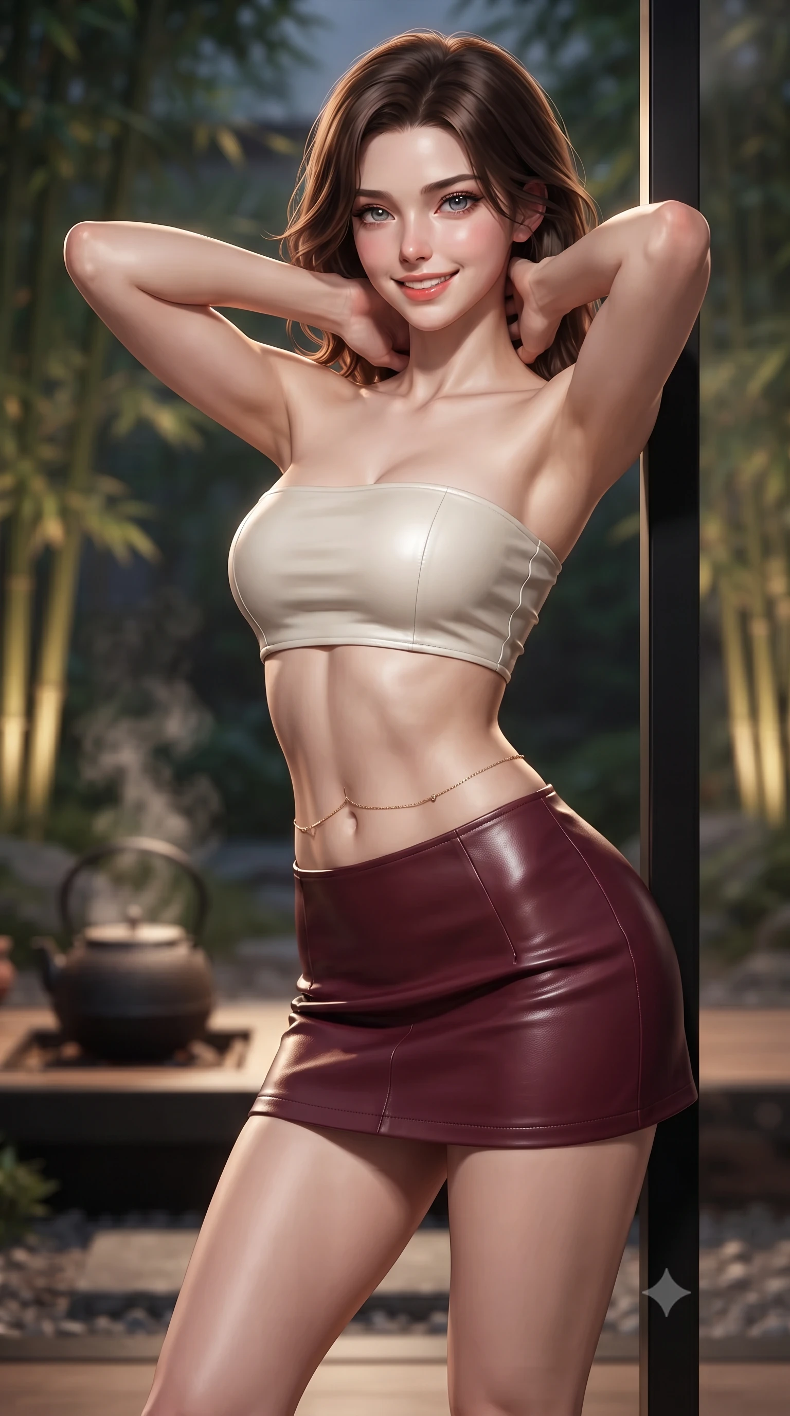 score_9, masterpiece, best quality, ultra-detailed, high-budget anime keyframe, editorial fashion photography, tasteful artistic composition, Korean woman. close-up cowboy shot from the waist and thighs up, the character dominates the composition, filling the frame with her large presence. resting both hands lightly behind her neck with elbows raised, arching her spine to highlight her narrow waist, flat midriff, and breathtaking collarbones while leaning against the slender blackened steel mullion with hips cocked back, looking through illuminated bamboo groves with smoldering bedroom-eyes. The background shows a soft-focus gentle steam rising from a cast-iron tetsubin kettle softened in contemporary Japanese architectural haven shallow focus. She has an exceptionally elegant, slender, and willowy female figure with an ultra-slim waist, flat toned midriff, narrow ribcage, and sculpted feminine hips creating an alluring, slim hourglass silhouette without bulk. sharp v-shaped jawline, high-bridge nose, intricate jewel-like sparkling eyes with depth, thick eyelashes, glossy parted lips with a natural peach sheen, bright cheerful beaming smile with an enchanting and coquettish sensual glint, exuding both youthful cute charm and seductive allure, flawlessly proportioned anatomical accuracy, strict slender model proportions, natural body alignment, perfectly sculpted long slender limbs, ultra-slim waistline, clean dynamic posture without body distortion. wearing an ultra-cropped fitted bandeau top paired with a micro mini tennis skirt revealing her flat midriff in Belvedere ivory pearl and Habsburg bordeaux wine, woven from buttery-soft stretch lambskin leather adhering to her body like a second skin, accented with a dainty gold belly chain resting across her flat midriff and curving hips, the impeccably tailored cut draping gracefully along her slender figure with aristocratic poise. illuminated by glass reflection fill and sharp honey-gold rim lights defining her dewy collarbones, ultra-slim waist, and curvy hips. ultra-reflective glossy finish, specular highlights, rich textural contrasts, high-contrast stereoscopic depth, volumetric dynamic lighting, 2k, ultra detail, master piece, 9:16 ratio