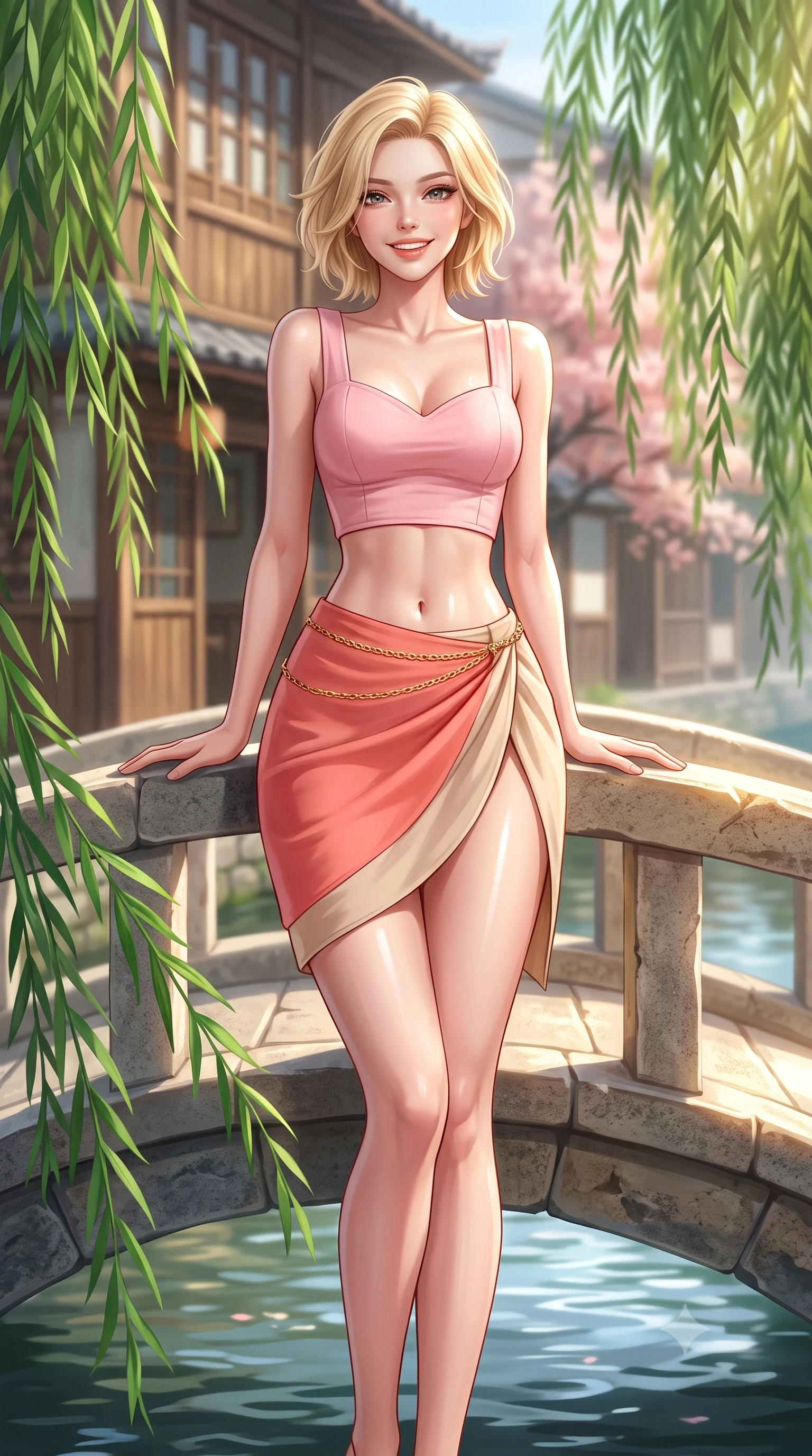 score_9, masterpiece, best quality, ultra-detailed, high-budget anime keyframe, semi-realistic 3D game render, editorial fashion photography, tasteful artistic composition, Caucasian woman. close-up cowboy shot from the waist and thighs up, the character dominates the composition, filling the frame with her large presence. leaning back against the sunlit railing with relaxed seductive grace, her flat midriff and narrow waist highlighted as she smiles brightly with bewitching eyes while pausing gracefully at the center of the small arched stone bridge, arching her lower back with a bright, charming smile as weeping willow fronds brush the water. The composition keeps background elements in soft focus with dreamy creamy bokeh. swaying emerald weeping willow branches and historic wooden teahouse facades blurred into soft jade, amber, and cherry blossom bokeh. She has an exceptionally elegant, slender, and willowy female figure with an ultra-slim waist, flat toned midriff, narrow ribcage, and sculpted feminine hips creating an alluring, slim hourglass silhouette without bulk. sharp v-shaped jawline, high-bridge nose, intricate jewel-like sparkling eyes with depth, thick eyelashes, glossy parted lips with a natural peach sheen, bright cheerful beaming smile with an enchanting and coquettish sensual glint, exuding both youthful cute charm and seductive allure, flawlessly proportioned anatomical accuracy, strict slender model proportions, natural body alignment, perfectly sculpted long slender limbs, ultra-slim waistline, clean dynamic posture without body distortion. wearing a sweetheart-neckline baby-pink crop top with a high-slit wrap mini skirt accentuating her waist-to-hip curve in warm coral pink and soft oatmeal beige, crafted from soft breathable linen with effortless natural drape, accented with a delicate gold chain belt resting loosely on her curvy hips, the glove-like silhouette tightly following the natural contour of her hips and long slender legs with youthful 8.5-heads elegance. illuminated by crystal water specular reflections accentuating her sculpted midriff, narrow waist, and curvy hips. highly saturated vibrant anime colors, detailed shading with soft gradients, rich glossy textures, high-contrast stereoscopic depth, volumetric dynamic lighting, master piece, 9:16 ratio