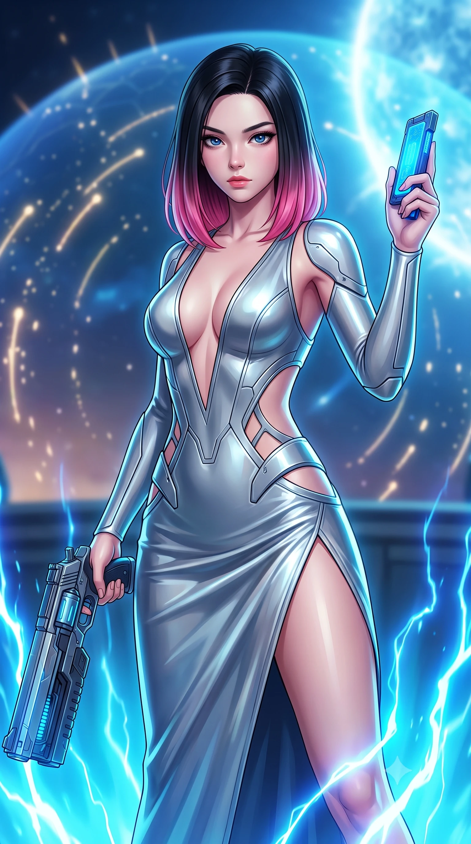 score_9, masterpiece, best quality, ultra-detailed, high-budget anime keyframe, editorial fashion photography, tasteful artistic composition, Korean woman. close-up cowboy shot from the waist and thighs up, the character dominates the composition, filling the frame with her large presence, background elements kept in soft focus. Holding a glowing data drive aloft while reloading a futuristic plasma pistol, ready for the next wave. set against a soft-focus background of a defensive platform close to a blue supergiant star, solar wind particles glowing as they hit the shield dome. She has an exceptionally elegant and slender, willowy female figure with an ultra-slim waist, a gracefully sculpted slender torso, and a refined slim physique. sharp v-shaped jawline, high-bridge nose, intricate jewel-like eyes with depth, thick eyelashes, glossy lips with a natural sheen. wearing tailored for maximum mobility, sleek form-contouring panels that allow fluid movement, a slim-fit deep-V plunging bodycon dress in liquid platinum, featuring waist-cutouts and a daring thigh-high side slit. highly saturated vibrant anime colors, intense vivid color palette, soft 3D volumetric shading, volumetric dynamic lighting, pulsing electric blue plasma arc lighting rising dramatically from below. 2k, ultra detail, master piece, 9:16 ratio