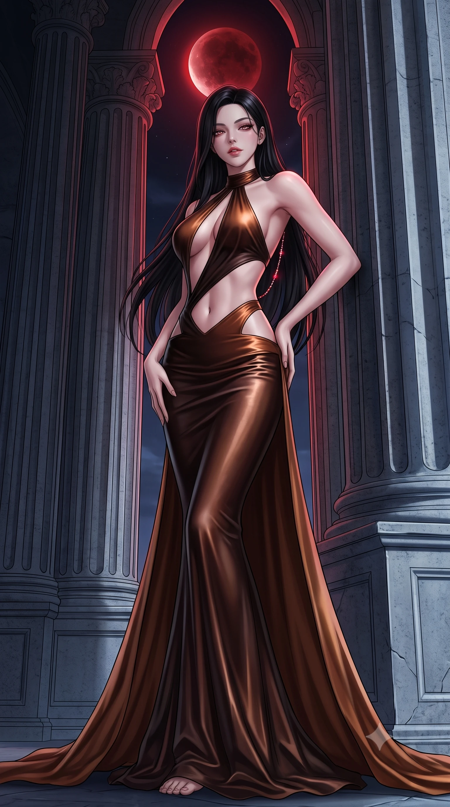 score_9, masterpiece, best quality, ultra-detailed, high-budget anime keyframe, semi-realistic 3D game render, editorial fashion photography, tasteful artistic composition, Korean woman. low angle full-body shot from head to toe showing her feet, filling the entire 9:16 vertical frame with her statuesque presence, stretching her vertical silhouette. leaning deep against the structural architecture with hips cocked in an unapologetically bold, seductive high-fashion stance while standing poised between towering fluted stone columns, eyes glowing with hypnotic intensity under the velvet night sky. The surrounding environment is rendered in vivid detail and crisp panoramic clarity. monumental high-contrast gothic chiaroscuro and sacred nocturnal architecture in sharp clarity. She has an absolutely perfect, statuesque 8.5-heads proportion, an exceptionally tall and slender model-like female figure with impossibly long slender legs, a toned flat midriff, and an ultra-slim waist. sharp v-shaped jawline, high-bridge nose, intricate jewel-like eyes with depth, thick eyelashes, glossy parted lips with a natural sheen, intensely captivating and seductive expression, flawlessly proportioned anatomical accuracy, strict slender model proportions, natural body alignment, perfectly sculpted long slender limbs, ultra-slim waistline, clean dynamic posture without body distortion. wearing a gothic siren halter-neck dress with dramatic diagonal torso cutouts and a trailing floor-length silk cape in shadowy espresso brown and molten bronze, crafted from supple second-skin lambskin leather with specular sheen, accented with a glittering ruby back chain tracing her bare spine, the liquid-tight tailored fabric emphasizing every curve of her tall, slender model proportions and sculptured silhouette during dynamic movement. bathed in surreal blood-red lunar eclipse backlighting and cool silver ambient fill. highly saturated vibrant anime colors, detailed shading with soft gradients, rich glossy textures, high-contrast stereoscopic depth, volumetric dynamic lighting, master piece, 9:16 ratio