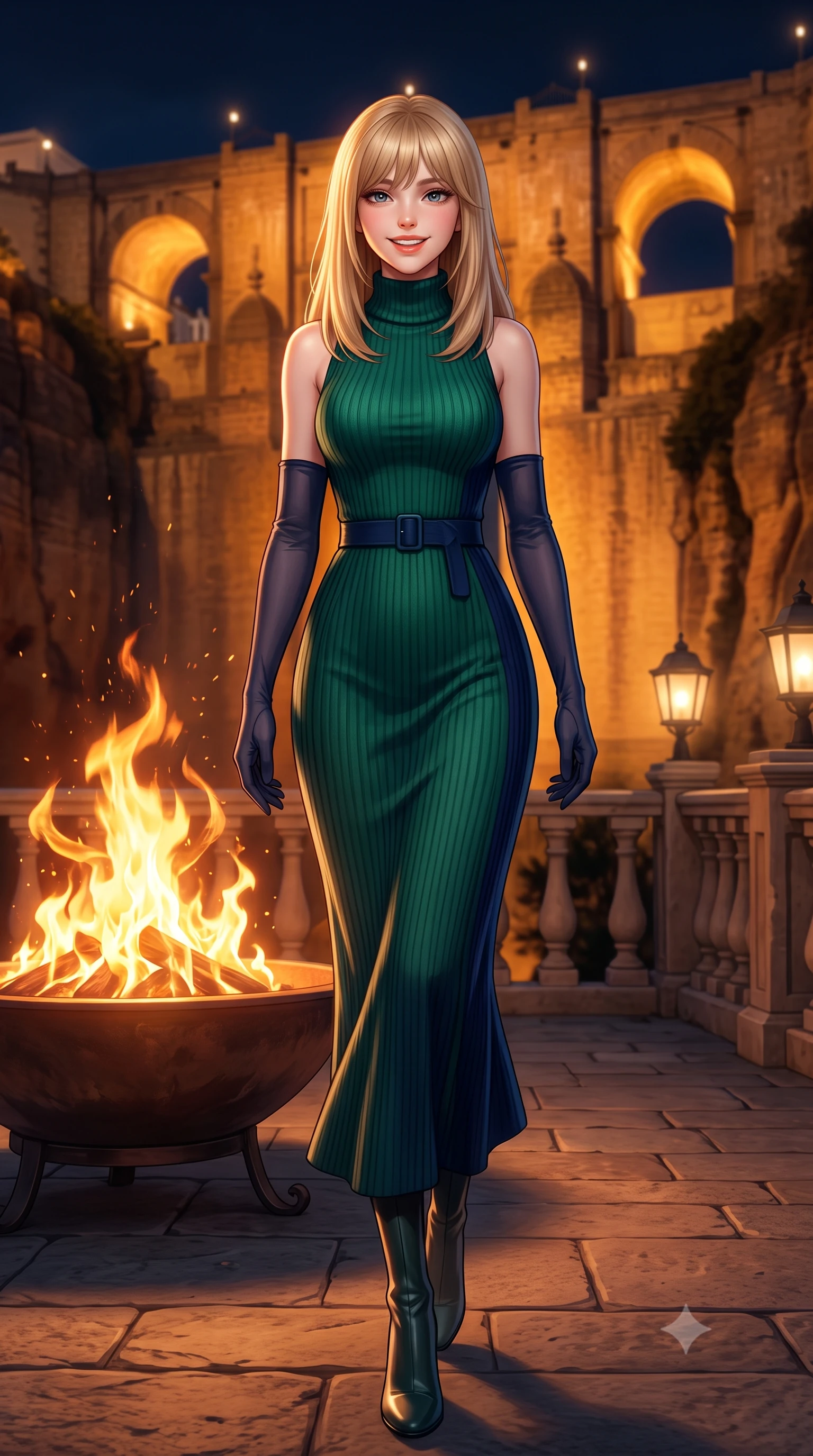 score_9, masterpiece, best quality, ultra-detailed, high-budget anime keyframe, semi-realistic 3D game render, editorial fashion photography, tasteful artistic composition, Japanese woman. low angle full-body shot from head to toe showing her feet, filling the entire 9:16 vertical frame with her statuesque presence, stretching her vertical silhouette. stepping forward in a confident stride, her long slender legs and curvaceous hips creating a dynamic, sweeping vertical line while twisting her slender torso in an alluring contrapposto stance beside the terrace fire bowl, golden flame ribbons tracing her narrow waist and hips. The surrounding environment is rendered in vivid detail and crisp panoramic clarity: detailed garment cut, bodycon fit, and breathtaking gorge engineering in high resolution. She has an exceptionally tall and slender model-like 8.5-heads proportion, an ultra-slim waist, a flat toned midriff, narrow delicate ribcage, and beautifully sculpted feminine hips creating a graceful, slim hourglass silhouette without any bulky heaviness, with impossibly long slender legs. sharp v-shaped jawline, high-bridge nose, intricate jewel-like sparkling eyes with depth, thick eyelashes, glossy parted lips with a natural peach sheen, bright cheerful beaming smile with an enchanting and coquettish sensual glint, exuding both youthful cute charm and seductive allure, flawlessly proportioned anatomical accuracy, strict slender model proportions, natural body alignment, perfectly sculpted long slender limbs, ultra-slim waistline, clean dynamic posture without body distortion. wearing an elegant high-neck Icelandic cashmere ribbed turtleneck coat dress with belted waistline in Lake Tegernsee emerald glass and royal Bavarian navy, crafted from bespoke double-faced cashmere with an exceptionally soft tactile finish, complemented by sheer opera-length evening gloves tracing her slender arms, the bespoke structured tailoring following the natural line of her 8.5-heads silhouette with refined elegance. bathed in the contrast of warm 2100K terrace fire pit flames and golden architectural floodlights on the Puente Nuevo bridge. highly saturated vibrant anime colors, detailed shading with soft gradients, rich glossy textures, high-contrast stereoscopic depth, volumetric dynamic lighting, master piece, 9:16 ratio