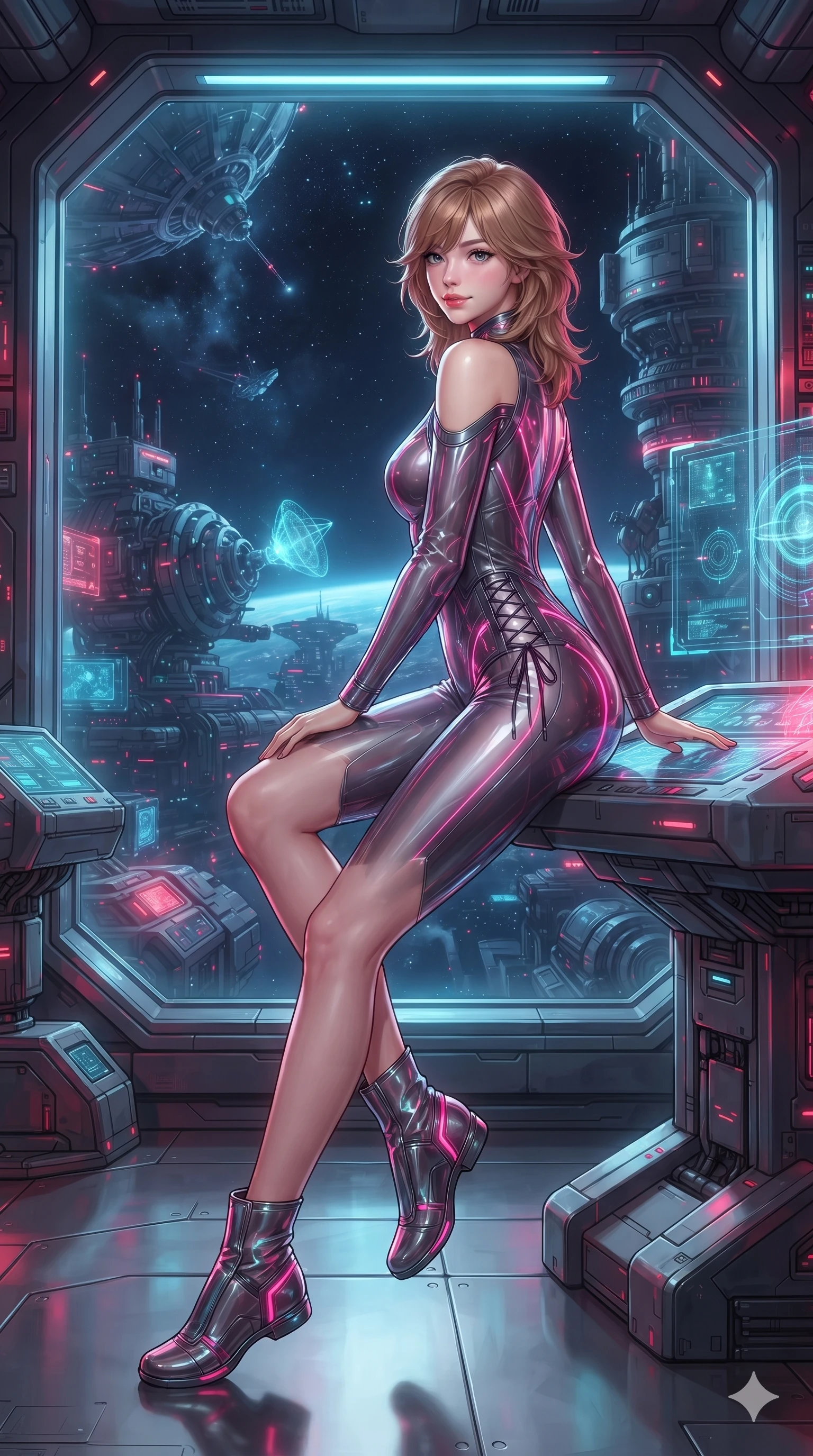 score_9, masterpiece, best quality, ultra-detailed, high-budget anime keyframe, editorial fashion photography, tasteful artistic composition, Korean woman. low angle full-body shot from head to toe showing her feet, filling the entire 9:16 vertical frame with her statuesque presence, stretching her vertical silhouette. posing in a classic haute-couture S-curve stance beside the panoramic viewport, looking over a bare shoulder with magnetic presence while sitting gracefully on the elevated sensor console with legs crossed, flashing an enchanting, confident smile with parted glossy lips. The surrounding environment is rendered in vivid detail and crisp panoramic clarity: intricate second-skin suit texture, laser-cut ventilation slits, and advanced astrophysical machinery in razor-sharp precision. She has an absolutely perfect, statuesque 8.5-heads proportion, an exceptionally tall and slender model-like female figure with impossibly long slender legs, an ultra-slim waist, a flat toned midriff, narrow delicate ribcage, and beautifully sculpted feminine hips creating a graceful, slim hourglass silhouette without any bulky heaviness. sharp v-shaped jawline, high-bridge nose, intricate jewel-like sparkling eyes with depth, thick eyelashes, glossy parted lips with a natural sheen, bright confident smile with an enchanting and coquettish sensual glint, exuding both youthful magnetic charm and sovereign high-tech allure, flawlessly proportioned anatomical accuracy, strict slender model proportions, natural body alignment, perfectly sculpted long slender limbs, ultra-slim waistline, clean dynamic posture without body distortion. wearing a translucent high-gloss polymer flight suit with internal luminescent wire filigree and tailored waist cinching in deep titanium gunmetal and radiant magenta neon, crafted from translucent high-gloss aerospace polymer with an internal crystalline sheen, featuring fine criss-cross lace-up side ties revealing tantalizing glimpses of her hip curve, the bespoke structured tailoring following the natural line of her 8.5-heads silhouette with refined elegance. illuminated by polished floor bounce and sharp dual cyan-crimson rim lights defining her razor-sharp jawline, narrow waist, and curvy hips. ultra-reflective glossy finish, specular highlights, rich textural contrasts, high-contrast stereoscopic depth, volumetric dynamic lighting, 2k, ultra detail, master piece, 9:16 ratio