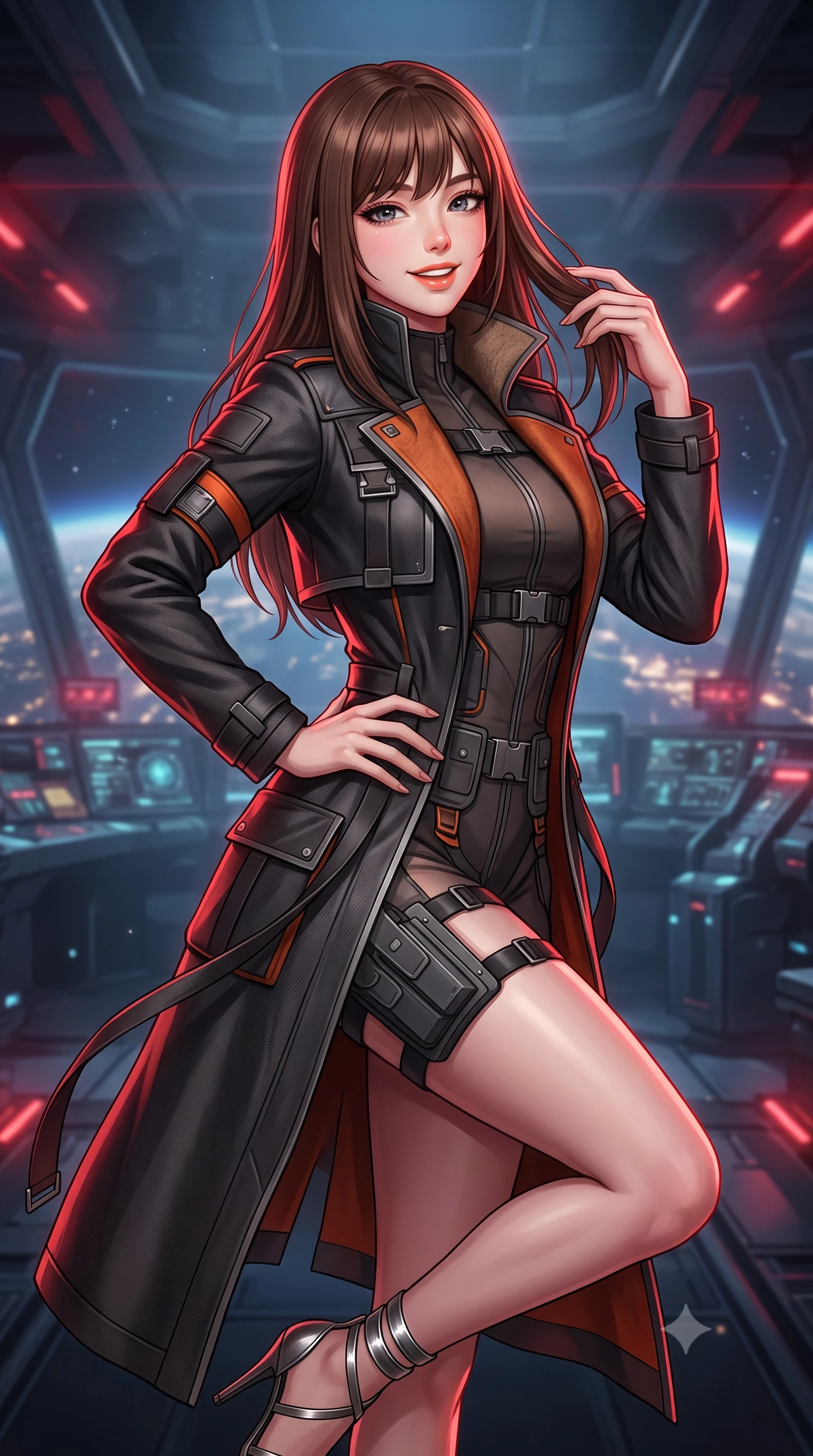 score_9, masterpiece, best quality, ultra-detailed, high-budget anime keyframe, semi-realistic 3D game render, editorial fashion photography, tasteful artistic composition, Korean woman. close-up cowboy shot from the waist and thighs up, the character dominates the composition, filling the frame with her large presence. twisting her slender torso in an alluring contrapposto stance, one hand resting on her sculpted hip while her fingers toy with her hair with effortless poise while twisting her slender torso in an alluring S-curve, deep crimson battle-stations strobes and planetary city lights criss-crossing across her flat midriff and hourglass curves. The background shows a soft-focus cool atmospheric particulate haze softened in orbital warship battery bridge shallow focus. She has an exceptionally elegant, slender, and willowy female figure with an ultra-slim waist, flat toned midriff, narrow ribcage, and sculpted feminine hips creating an alluring, slim hourglass silhouette without bulk. sharp v-shaped jawline, high-bridge nose, intricate jewel-like sparkling eyes with depth, thick eyelashes, glossy parted lips with a natural peach sheen, bright cheerful beaming smile with an enchanting and coquettish sensual glint, exuding both youthful cute charm and seductive allure, flawlessly proportioned anatomical accuracy, strict slender model proportions, natural body alignment, perfectly sculpted long slender limbs, ultra-slim waistline, clean dynamic posture without body distortion. wearing a bespoke tactical commander trench coat in matte carbon-weave with magnetic utility buckles, storm flaps, and high standing collar in volcanic ember orange and brushed gunmetal, crafted from bespoke double-faced cashmere with an exceptionally soft tactile finish, complemented by strappy stiletto sandals with metallic ankle wraps accentuating her slender calves, the bespoke structured tailoring following the natural line of her 8.5-heads silhouette with refined elegance. illuminated by gun deck reflection bounce and sharp ruby-red rim lights defining her jawline, narrow waist, and curvy hips. highly saturated vibrant anime colors, detailed shading with soft gradients, rich glossy textures, high-contrast stereoscopic depth, volumetric dynamic lighting, master piece, 9:16 ratio