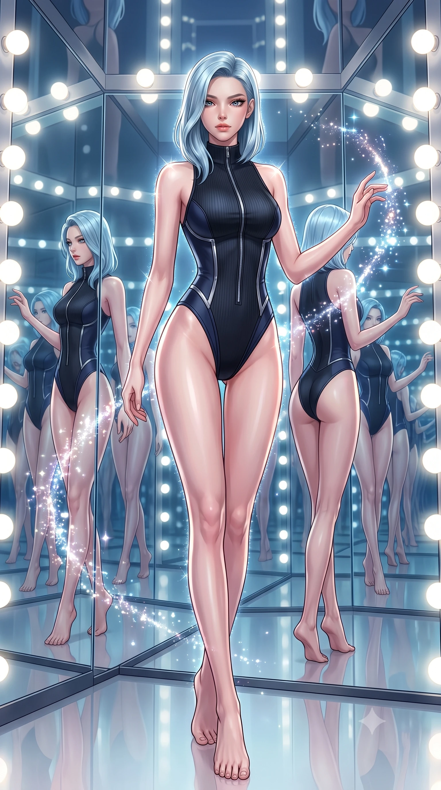 score_9, masterpiece, best quality, ultra-detailed, high-budget anime keyframe, editorial fashion photography, tasteful artistic composition, Korean woman. low angle full-body shot from head to toe showing her feet, filling the entire 9:16 vertical frame with her statuesque presence, stretching her vertical silhouette. interacting with glowing light particles, her long slender legs poised in motion, standing inside an infinity mirror dressing room lined with bright daylight vanity lights, infinite mirror reflections repeating her statuesque 8.5-heads proportion into distance. She has an absolutely perfect, statuesque 8.5-heads proportion, an exceptionally tall and slender model-like female figure with impossibly long slender legs and an ultra-slim waist. sharp v-shaped jawline, high-bridge nose, intricate jewel-like eyes with depth, thick eyelashes, glossy lips with a natural sheen. wearing sleek high-neck ribbed activewear bodysuit in matte black in midnight navy blue, made of liquid dark mercury jersey, finished with metallic silver boning and sleek zipper points, the fitted fabric emphasizing her ultra-slim waist. surrounded by a sparkling rim light aura with sharp edge glints. highly saturated vibrant anime colors, detailed shading with soft gradients, rich glossy textures, high-contrast stereoscopic depth, volumetric dynamic lighting, master piece, 9:16 ratio