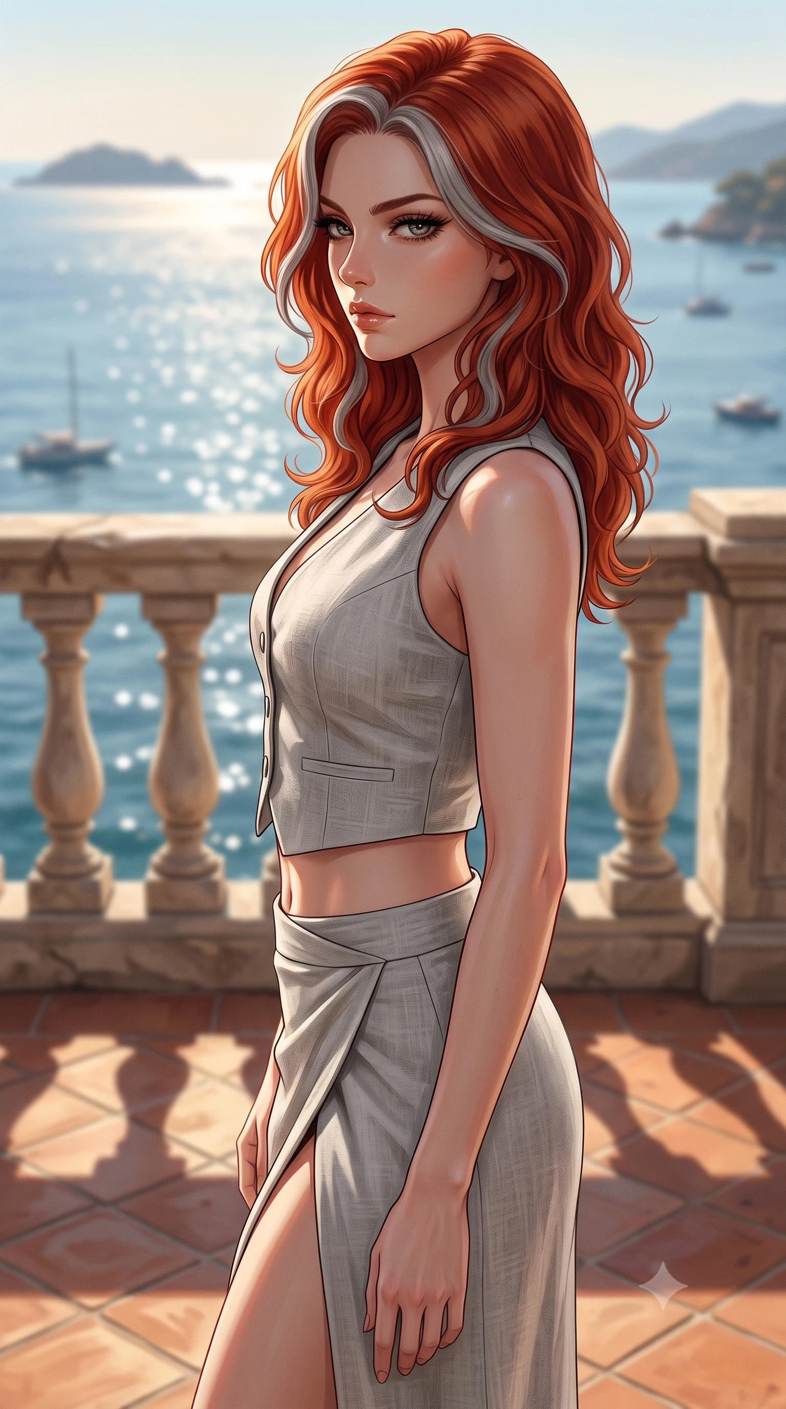 score_9, masterpiece, best quality, ultra-detailed, high-budget anime keyframe, editorial fashion photography, tasteful artistic composition, Caucasian woman woman. close-up cowboy shot from the waist and thighs up, the character dominates the composition, filling the frame with her large presence, background elements kept in soft focus. turning her face in sharp profile, casting a cold, mysterious, yet intensely sensual side gaze the background shows a soft-focus a stone balcony with classic balustrades overlooking the sparkling Mediterranean sea. She has an exceptionally elegant, slender, and willowy female figure with an ultra-slim waist, a gracefully sculpted slender torso, and a refined silhouette. sharp v-shaped jawline, high-bridge nose, intricate jewel-like eyes with depth, thick eyelashes, glossy lips with a natural sheen. wearing a tailored tailored crop vest in light grey linen paired with a matching high-slit wrap skirt, showing her slim waist. warm sunbeams tracing geometric shadow patterns across the tiled floor. 2k, ultra detail, master piece, 9:16 ratio