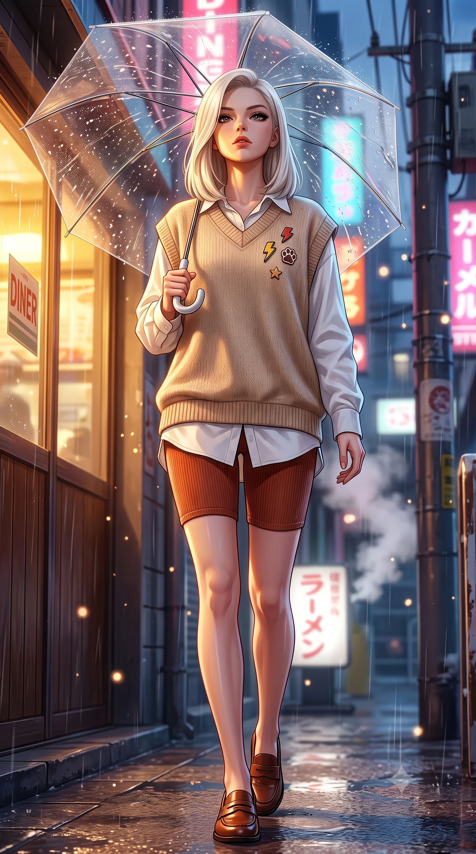 score_9, masterpiece, best quality, ultra-detailed, high-budget anime keyframe, semi-realistic 3D game render, editorial fashion photography, tasteful artistic composition, Caucasian woman. close-up cowboy shot from the waist and thighs up, the character dominates the composition, filling the frame with her large presence. tilting her chin up with proud, sovereign confidence while gazing directly into the lens with thick, dark eyelashes while strolling along a rain-drenched 1990s Tokyo neon back-alley, holding a transparent umbrella that catches vivid reflections. The composition keeps background elements in soft focus with creamy bokeh. splattering raindrops on umbrella plastic and neon glare scattering soft nostalgic light motes. She has an exceptionally elegant, slender, and willowy female figure with an ultra-slim waist, a gracefully sculpted slender torso, toned flat midriff, and a refined slim silhouette. sharp v-shaped jawline, high-bridge nose, intricate jewel-like eyes with depth, thick eyelashes, glossy lips with a natural sheen, captivating and magnetic expression, flawlessly proportioned anatomical accuracy, strict slender model proportions, natural body alignment, perfectly sculpted long slender limbs, ultra-slim waistline, clean dynamic posture without body distortion. wearing an oversized 90s knit sweater vest worn over a crisp white boyfriend shirt and cycling shorts in warm terracotta and oatmeal beige, tailored from soft fine-wale corduroy with rich velvety texture, finished with retro enamel varsity pins and classic leather loafers, the liquid-tight tailored fabric emphasizing every curve of her tall, slender model proportions and sculptured silhouette during dynamic movement. illuminated by warm golden diner window key light sculpting her cheekbones and joyful expression. highly saturated vibrant anime colors, detailed shading with soft gradients, rich glossy textures, high-contrast stereoscopic depth, volumetric dynamic lighting, master piece, 9:16 ratio