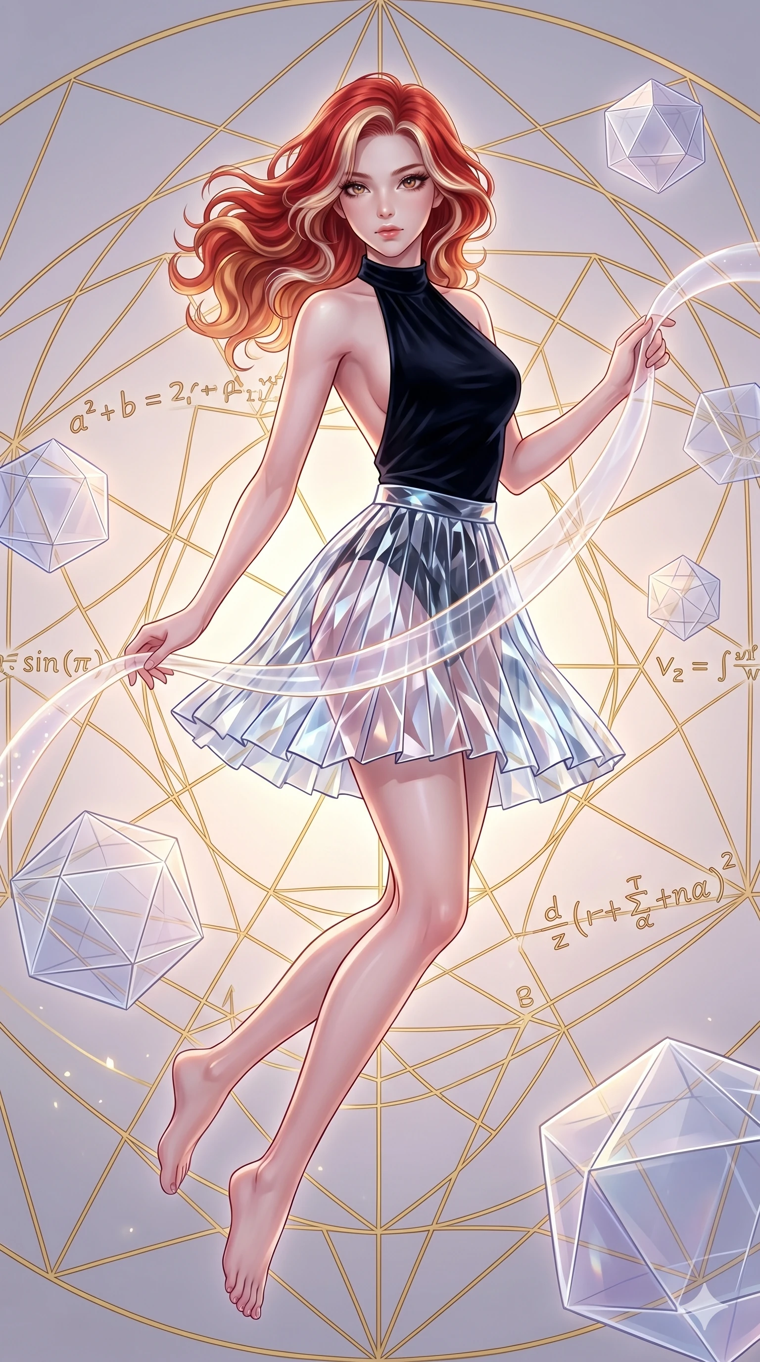 score_9, masterpiece, best quality, ultra-detailed, high-budget anime keyframe, Korean woman. upper body close-up from the thighs up, character filling the screen for maximum presence. floating gracefully in a mathematical mandala void filled with golden geometric lines of complex formulas, holding a translucent ribbon as she glides between floating regular polyhedrons. She has an absolutely perfect 8-heads proportion, an exceptionally tall and slender female figure with impossibly long slender legs and an ultra-slim waist. V-shaped jawline, high-bridge nose, intricate jewel-like eyes with depth, thick eyelashes, glossy lips with a natural sheen.. wearing a fractal glass pleated skirt and a backless black velvet halter neck top, creating a dramatic and elegant silhouette. lit by a soft glowing ambient light and a sharp side key light that traces the sleek contours of her athletic build. 2k, ultra detail, master piece, 9:16 ratio