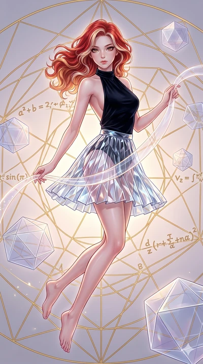 score_9, masterpiece, best quality, ultra-detailed, high-budget anime keyframe, Korean woman. upper body close-up from the thighs up, character filling the screen for maximum presence. floating gracefully in a mathematical mandala void filled with go