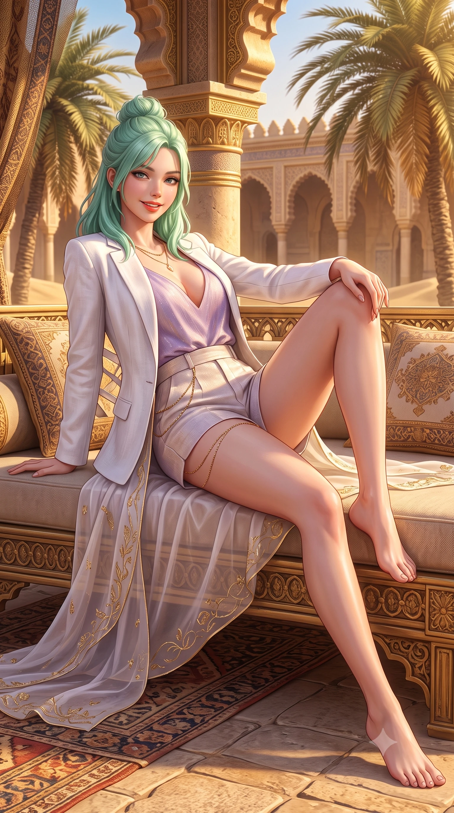 score_9, masterpiece, best quality, ultra-detailed, high-budget anime keyframe, semi-realistic 3D game render, editorial fashion photography, tasteful artistic composition, Japanese woman. low angle full-body shot from head to toe showing her feet, filling the entire 9:16 vertical frame with her statuesque presence, stretching her vertical silhouette. reclining languidly on her side across the outdoor daybed with one knee drawn up, her radiant smile and arched hip curve commanding the 9:16 vertical frame with youthful sensual charisma while twisting her slender torso in an alluring S-curve as desert breezes mold her flowing silk resort cape against her narrow waist and curvy hips. The surrounding environment is rendered in vivid detail and crisp panoramic clarity. detailed liquid silk gown texture, gold body chain gleam, and royal desert pavilion architecture in high resolution. She has an exceptionally tall and slender model-like 8.5-heads proportion, an ultra-slim waist, a flat toned midriff, narrow delicate ribcage, and beautifully sculpted feminine hips creating a graceful, slim hourglass silhouette without any bulky heaviness, with impossibly long slender legs. sharp v-shaped jawline, high-bridge nose, sparkling amber-hazel eyes with depth, long lush eyelashes, glossy sun-kissed lips with a warm coral glaze, radiant teasing smile with sensual sunlit bedroom-eyes, exuding effortless old-money elegance and intoxicating sun-drenched allure, flawlessly proportioned anatomical accuracy, strict slender model proportions, natural body alignment, perfectly sculpted long slender limbs, ultra-slim waistline, clean dynamic posture without body distortion. wearing a breezy white linen tailored blazer worn over a plunging-V camisole and high-waisted tailored linen shorts in soft lavender violet and champagne shimmer, woven from delicate metallic lurex thread catching the golden hour sunbeams, finished with criss-cross back satin straps highlighting her graceful shoulder blades, the form-fitting cut adhering flawlessly to her sculpted flat midriff and slender torso, emphasizing her long leg lines and perfectly proportioned willowy build. illuminated by desert sand bounce fill and sharp warm-gold rim lights carving her razor-sharp jawline, narrow waist, and curvy hips. highly saturated vibrant anime colors, detailed shading with soft gradients, rich glossy textures, high-contrast stereoscopic depth, volumetric dynamic lighting, master piece, 9:16 ratio