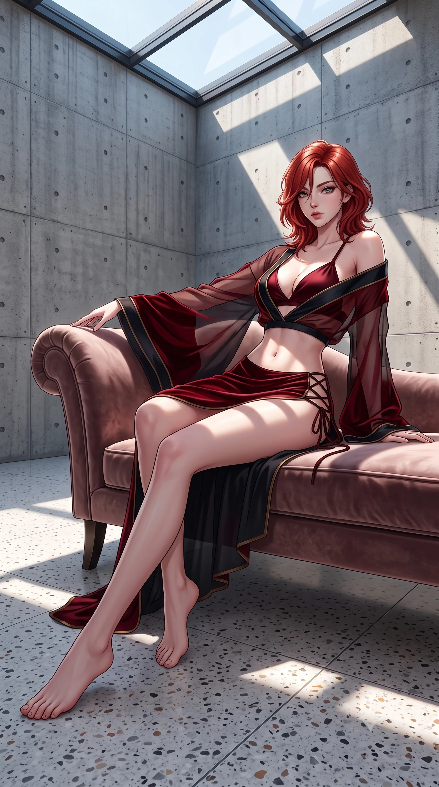 score_9, masterpiece, best quality, ultra-detailed, high-budget anime keyframe, semi-realistic 3D game render, editorial fashion photography, tasteful artistic composition, Korean woman. low angle full-body shot from head to toe showing her feet, filling the entire 9:16 vertical frame with her statuesque presence, stretching her vertical silhouette. reclining gracefully across the plush chaise lounge with one leg extended, her sculpted silhouette and flat midriff radiating magnetic nocturnal glamour while twisting her slender torso in an alluring contrapposto stance, geometric sunlight beams cutting across her flat midriff and curvy hips. The surrounding environment is rendered in vivid detail and crisp panoramic clarity: sharp board-formed concrete tie-hole textures, polished terrazzo floor aggregate, and glass skylight mullions in deep focus. She has an absolutely perfect, statuesque 8.5-heads proportion, an exceptionally tall and slender model-like female figure with impossibly long slender legs, an ultra-slim waist, a flat toned midriff, narrow delicate ribcage, and beautifully sculpted feminine hips creating a graceful, slim hourglass silhouette without any bulky heaviness. sharp v-shaped jawline, high-bridge nose, sparkling eyes with hypnotic seductive depth, thick curled eyelashes, glossy parted lips with a natural dewy peach sheen, alluring bedroom-eyes with an enchanting coquettish smile, exuding magnetic siren charisma and sophisticated glamour, flawlessly proportioned anatomical accuracy, strict slender model proportions, natural body alignment, perfectly sculpted long slender limbs, ultra-slim waistline, clean dynamic posture without body distortion. wearing a delicate sheer organza kimono-style architectural wrap slipping off bare shoulders over a matching satin bralette in deep blood-red velvet and midnight obsidian black with antique bronze trims, crafted from smooth liquid-tight stretch jersey emphasizing every curve of her body, finished with fine criss-cross lace-up side ties revealing tantalizing glimpses of her hip curve, the second-skin tailored fabric adhering flawlessly to her sculpted flat midriff and slender torso, emphasizing her long leg lines and perfectly proportioned willowy build. illuminated by white floor bounce fill and sharp platinum rim lights sculpting her razor-sharp jawline, narrow waist, and curvy hips. highly saturated vibrant anime colors, detailed shading with soft gradients, rich glossy textures, high-contrast stereoscopic depth, volumetric dynamic lighting, master piece, 9:16 ratio