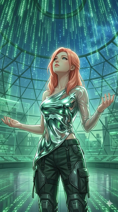 score_9, masterpiece, best quality, ultra-detailed, high-budget anime keyframe, Japanese woman. Upper body close-up from the thighs up, character filling the screen for maximum presence. Standing in a glass dome under a digital sky of coding symbols,